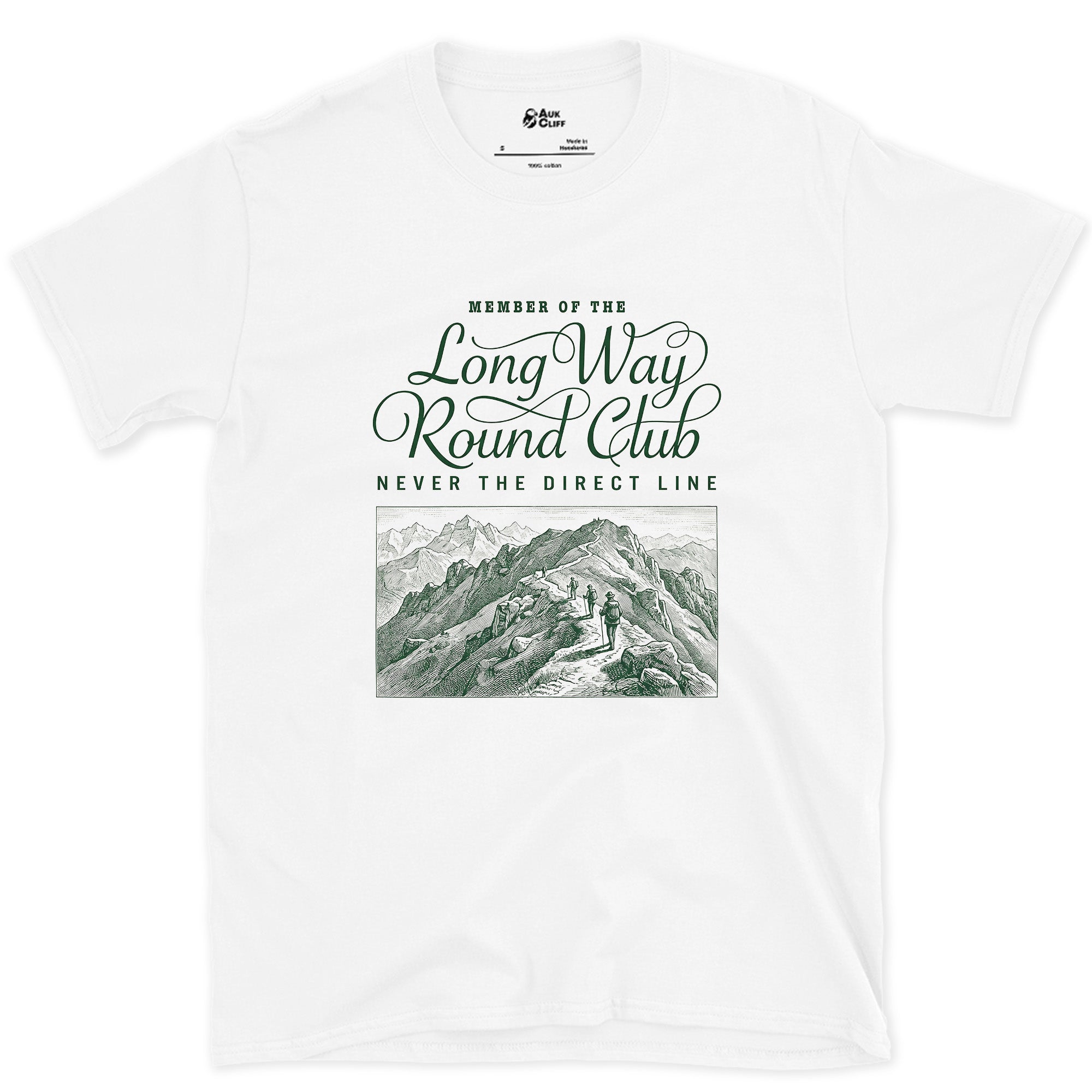 Long Way Round Club, Never the Direct Line to the Summit design on a White Gildan Softstyle t-shirt