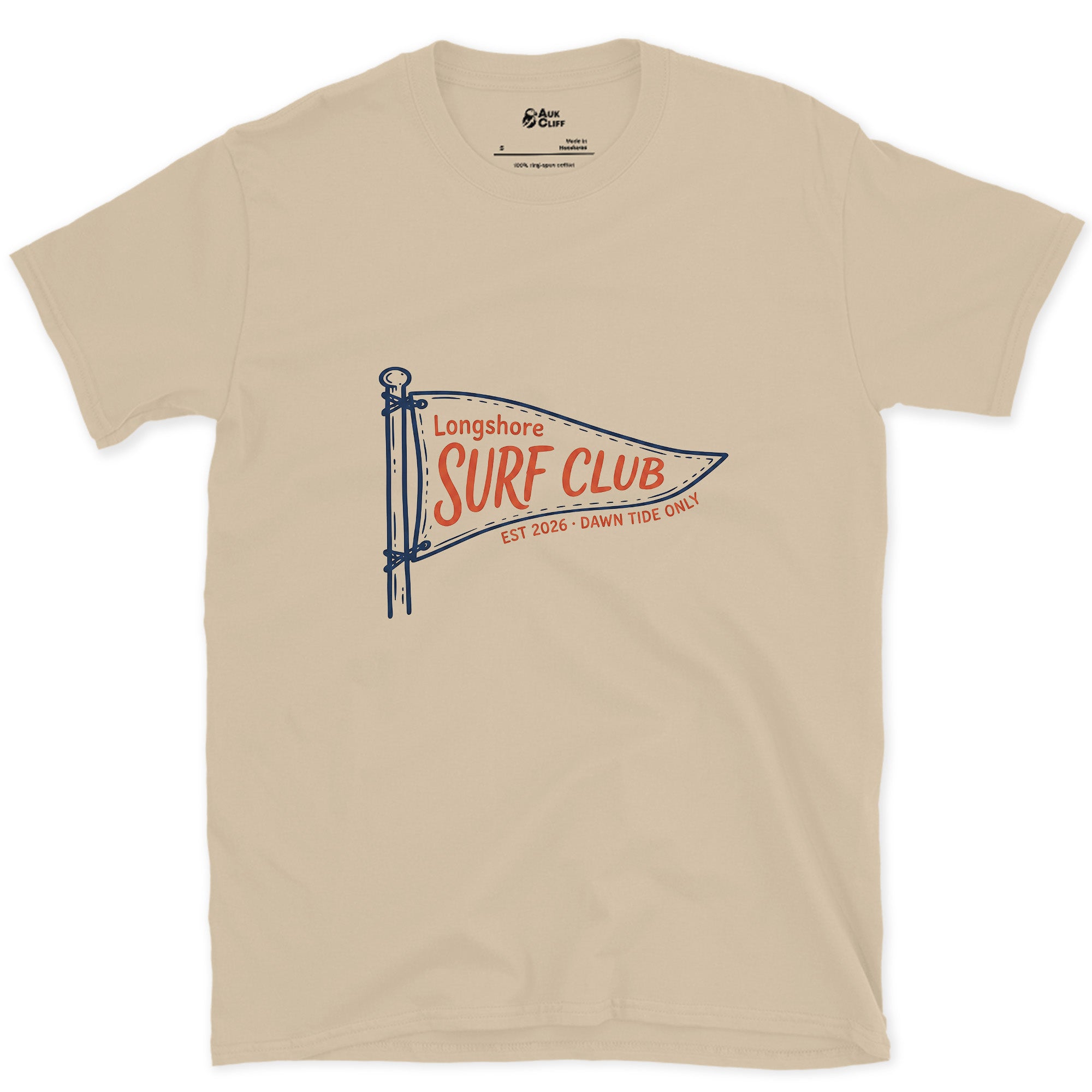 Dawn Tide Only, Longshore Surf Club design on a Sand Gildan Softstyle t-shirt