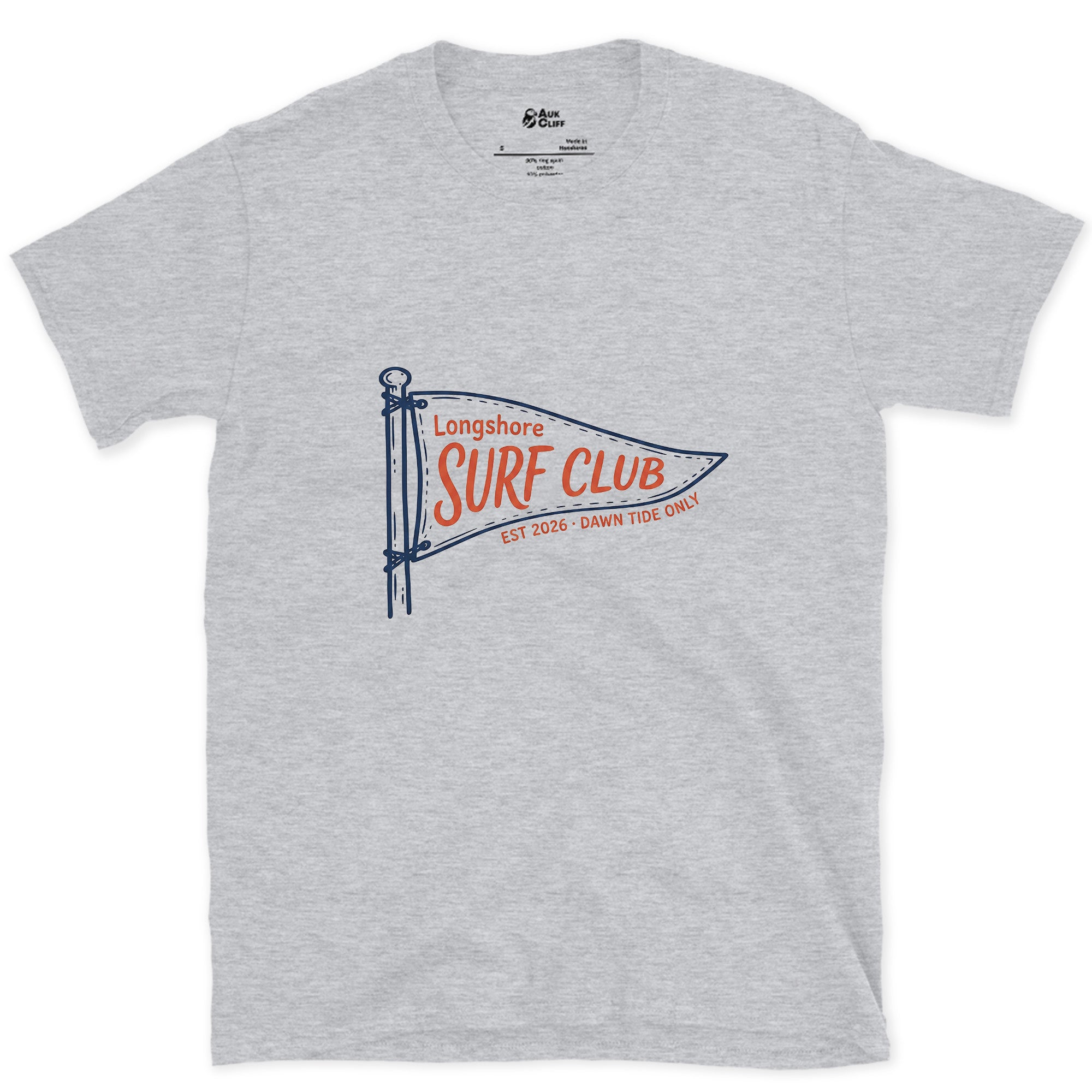 Dawn Tide Only, Longshore Surf Club design on a Sport Grey Gildan Softstyle t-shirt