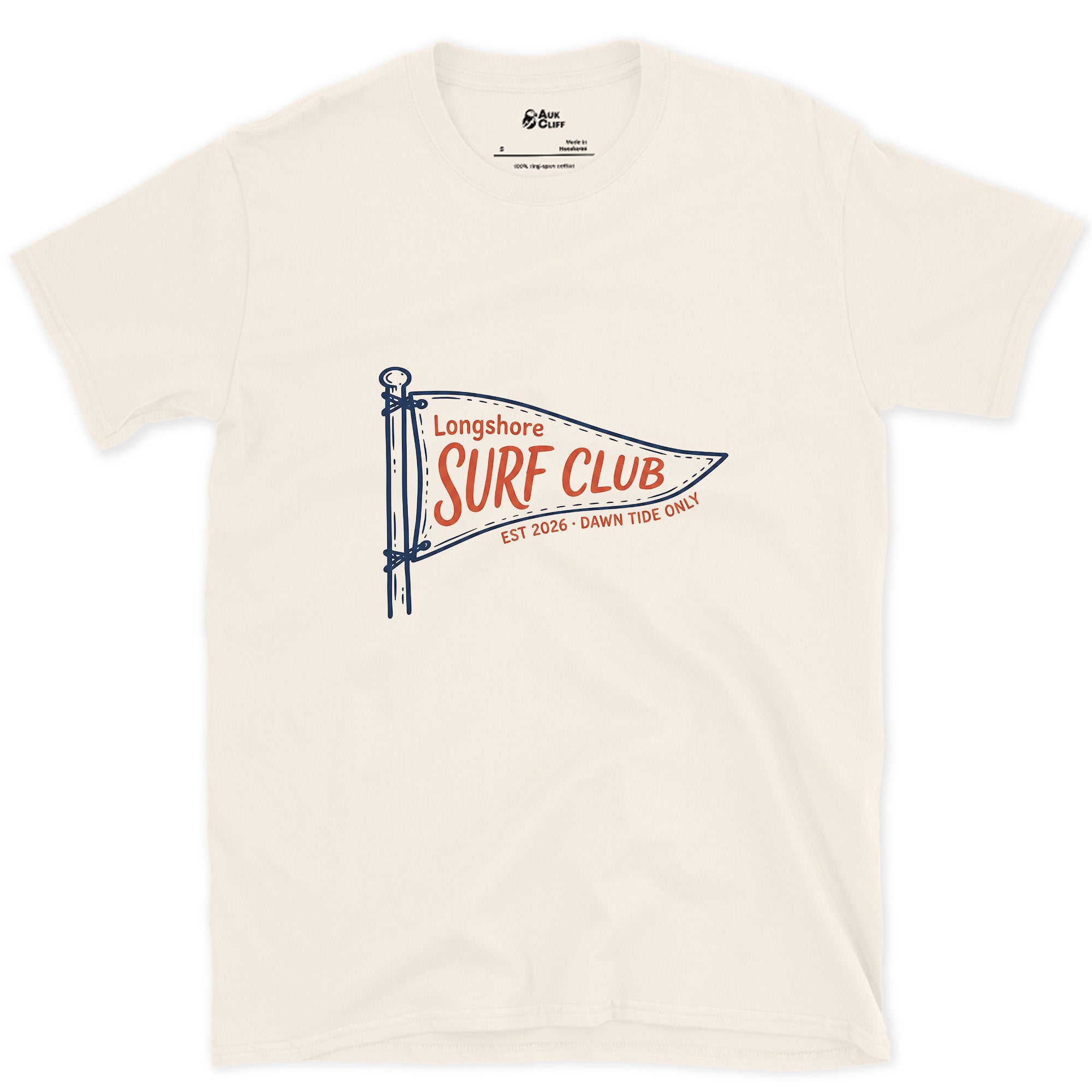 Dawn Tide Only, Longshore Surf Club design on a Natural Gildan Softstyle t-shirt
