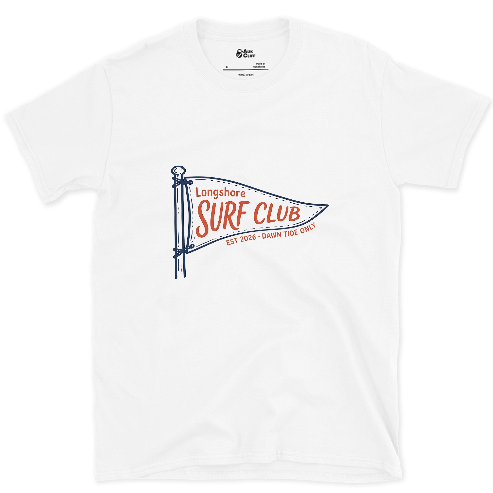 Dawn Tide Only, Longshore Surf Club design on a White Gildan Softstyle t-shirt