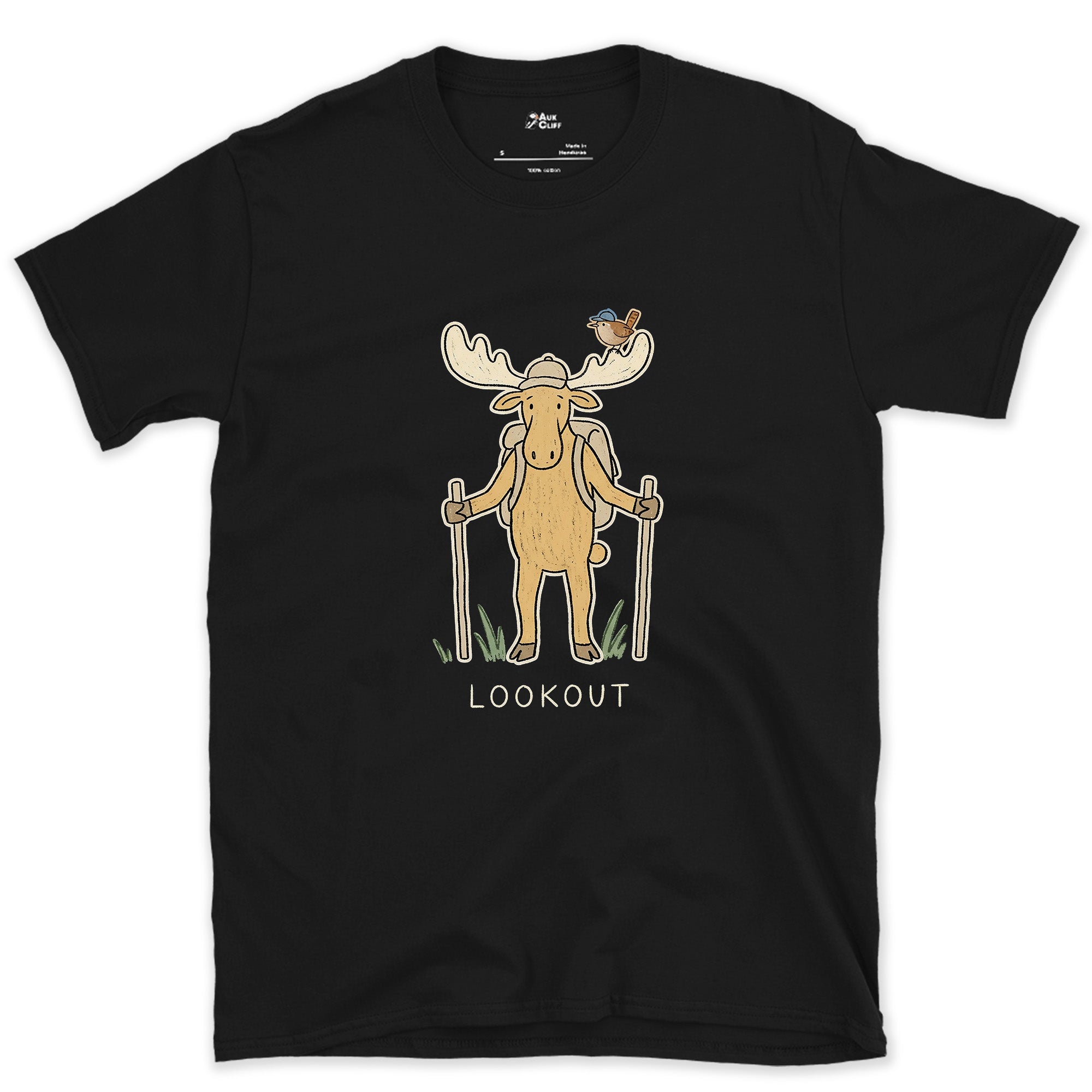 Lookout, Moose and Wren design on a Black Gildan Softstyle t-shirt