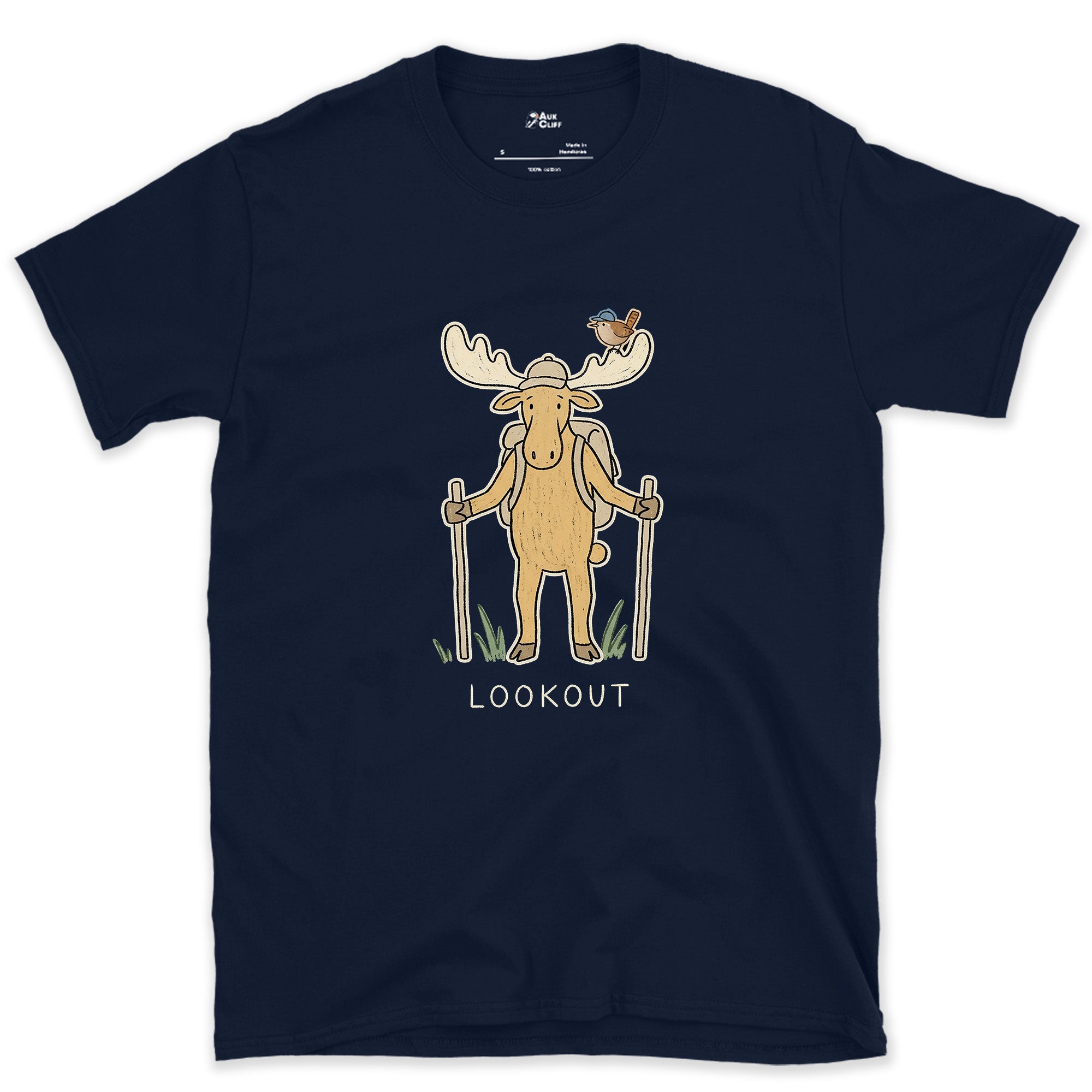 Lookout, Moose and Wren design on a Navy Gildan Softstyle t-shirt
