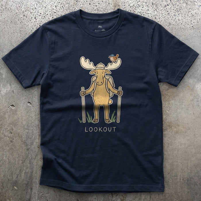 Lookout, Moose and Wren design on a Navy Gildan Softstyle t-shirt