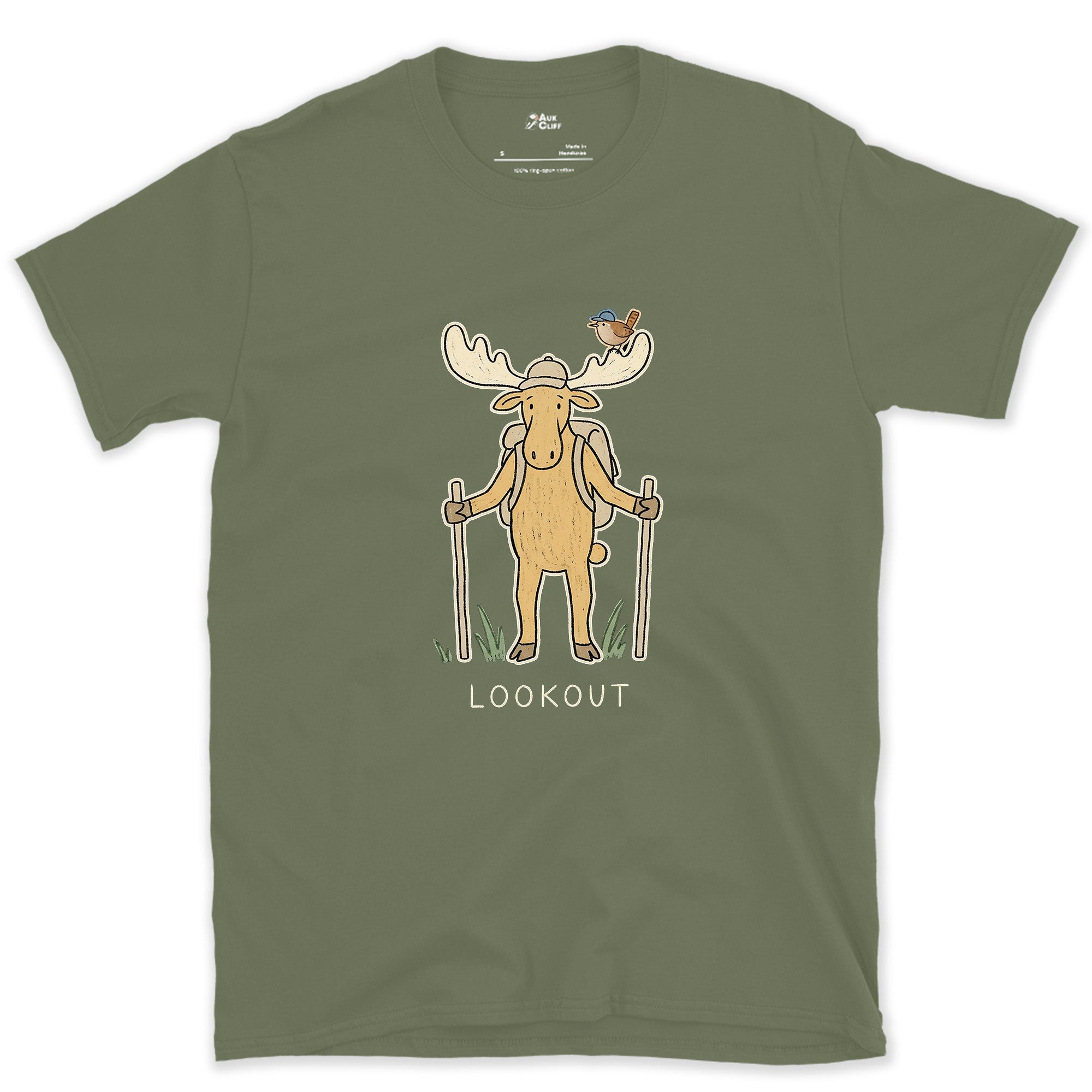 Lookout, Moose and Wren design on a Military Green Gildan Softstyle t-shirt