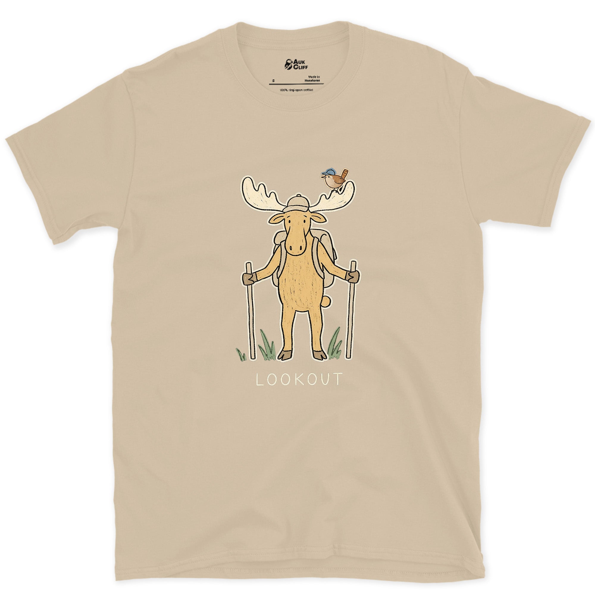 Lookout, Moose and Wren design on a Sand Gildan Softstyle t-shirt