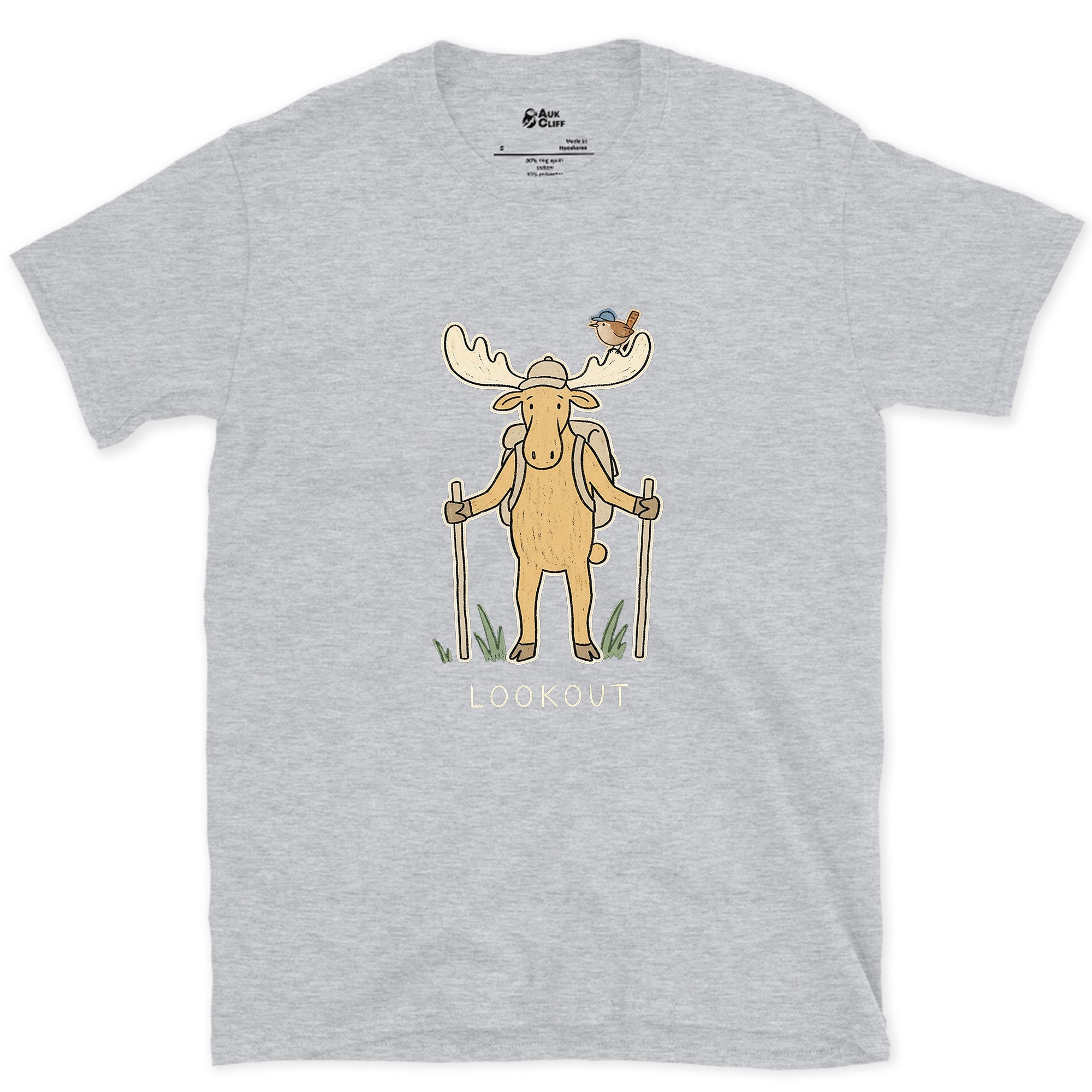 Lookout, Moose and Wren design on a Sport Grey Gildan Softstyle t-shirt
