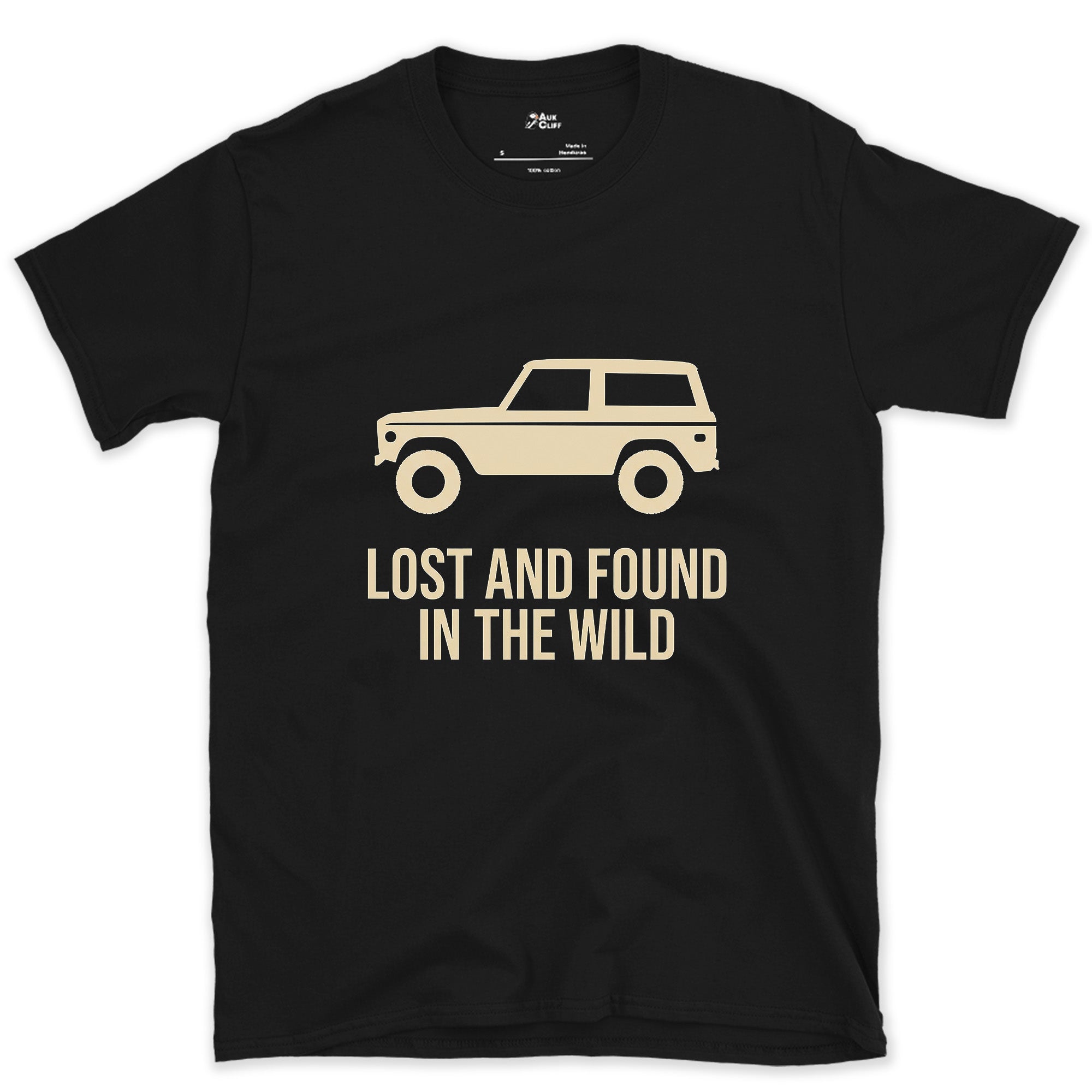 Lost and Found in the Wild, Boxy Bronco Shape design on a Black Gildan Softstyle t-shirt