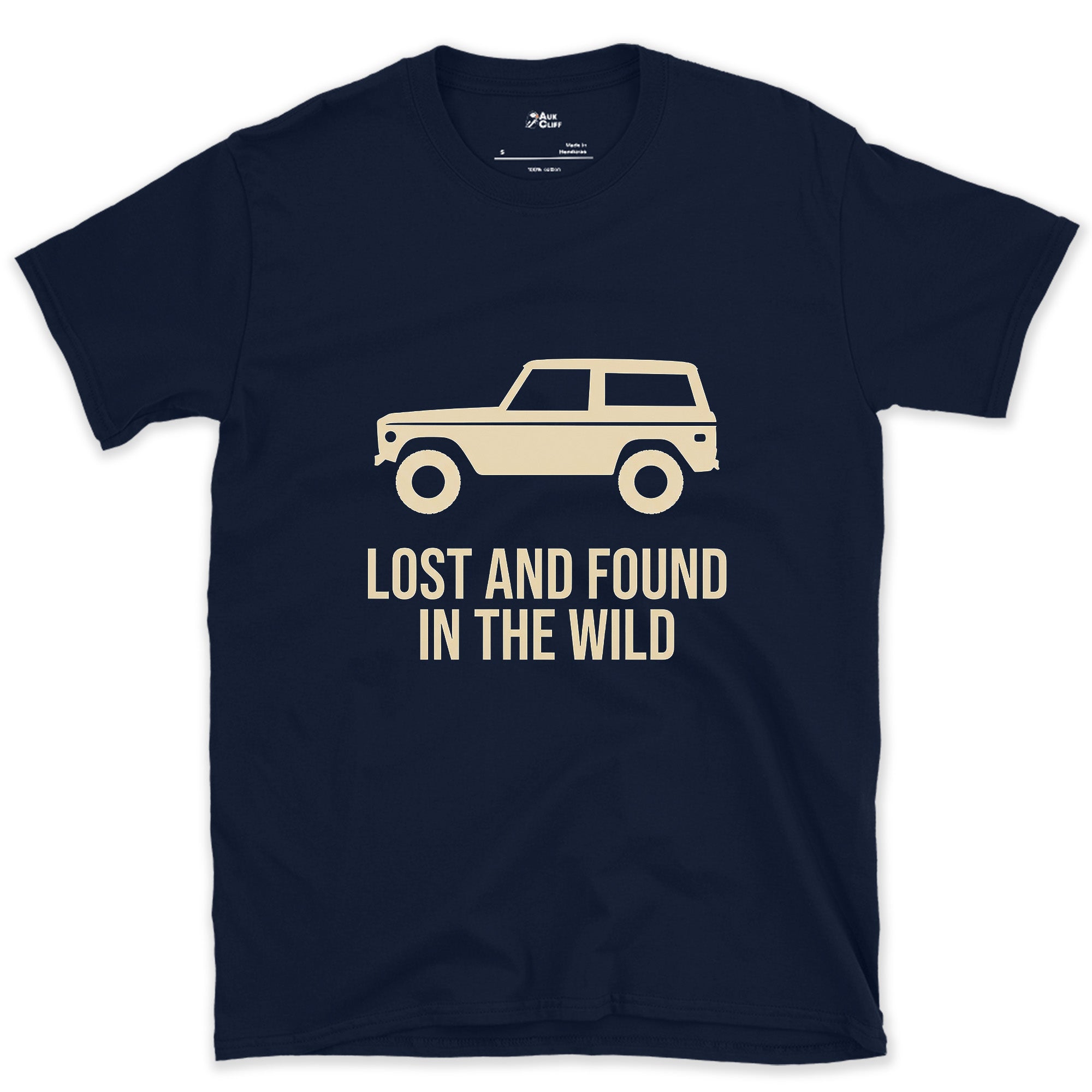 Lost and Found in the Wild, Boxy Bronco Shape design on a Navy Gildan Softstyle t-shirt