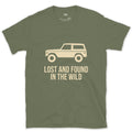 Lost and Found in the Wild, Boxy Bronco Shape design on a Military Green Gildan Softstyle t-shirt