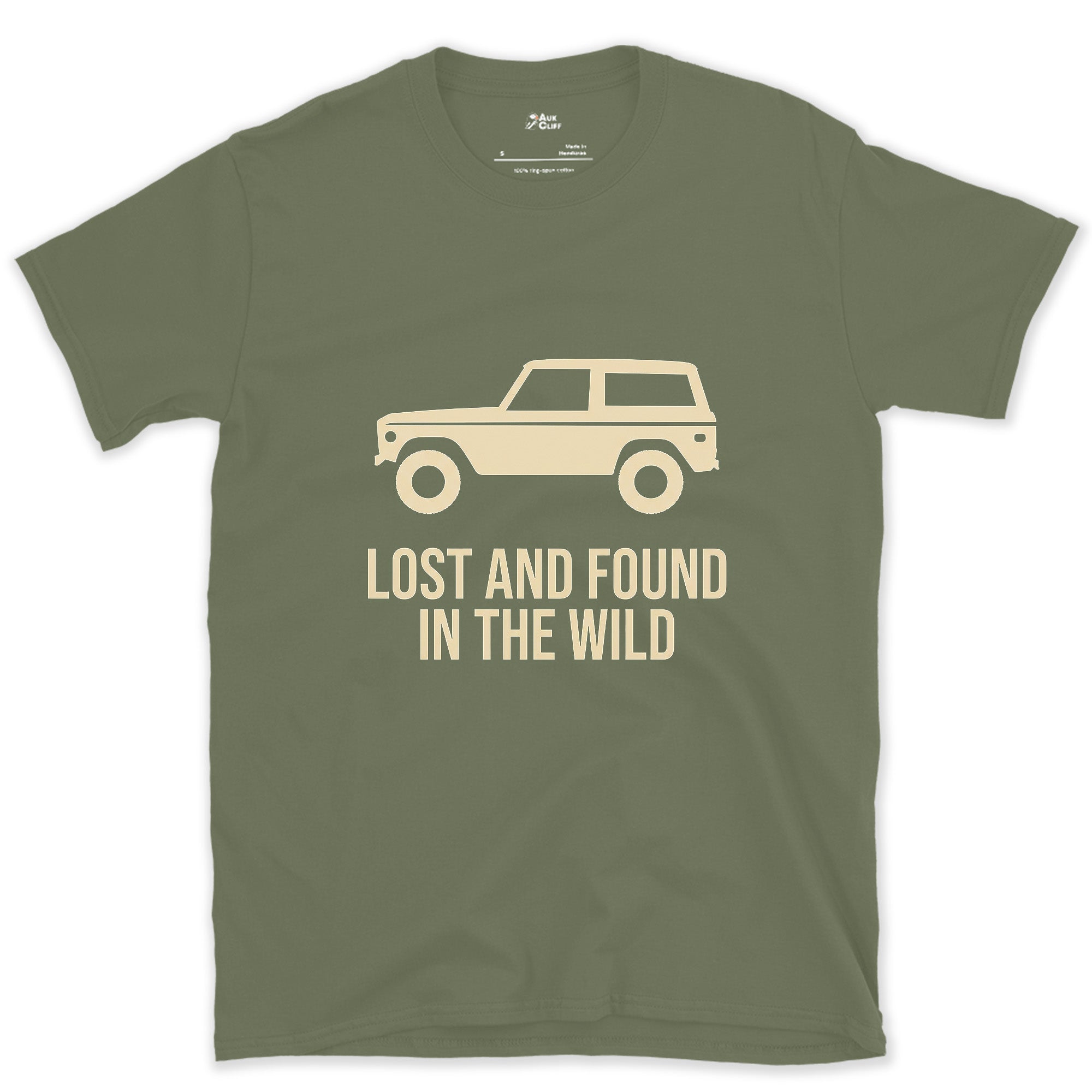 Lost and Found in the Wild, Boxy Bronco Shape design on a Military Green Gildan Softstyle t-shirt