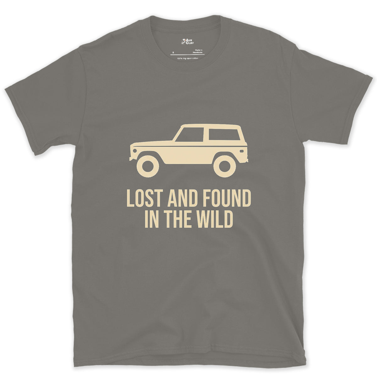 Lost and Found in the Wild, Boxy Bronco Shape design on a Charcoal Gildan Softstyle t-shirt