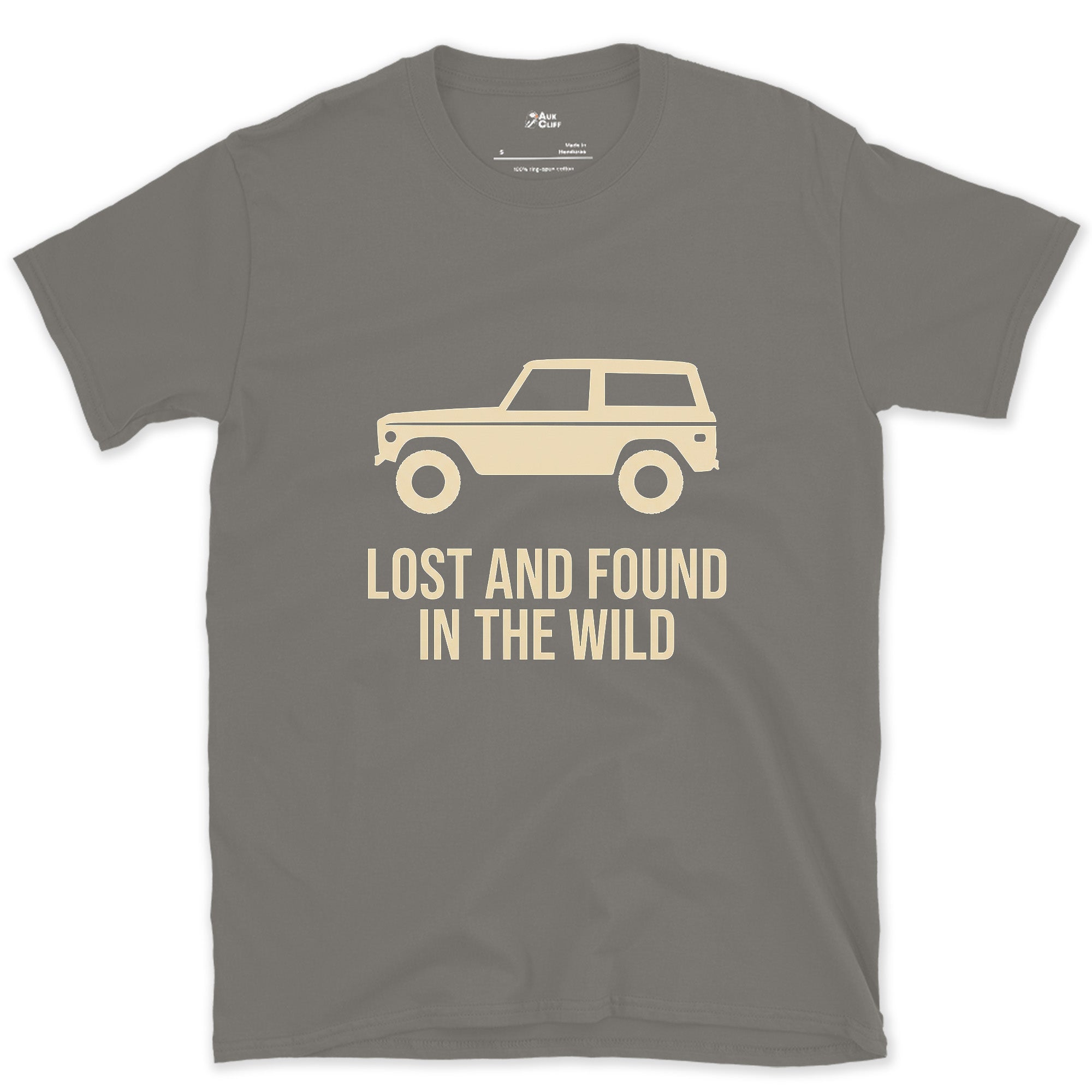 Lost and Found in the Wild, Boxy Bronco Shape design on a Charcoal Gildan Softstyle t-shirt