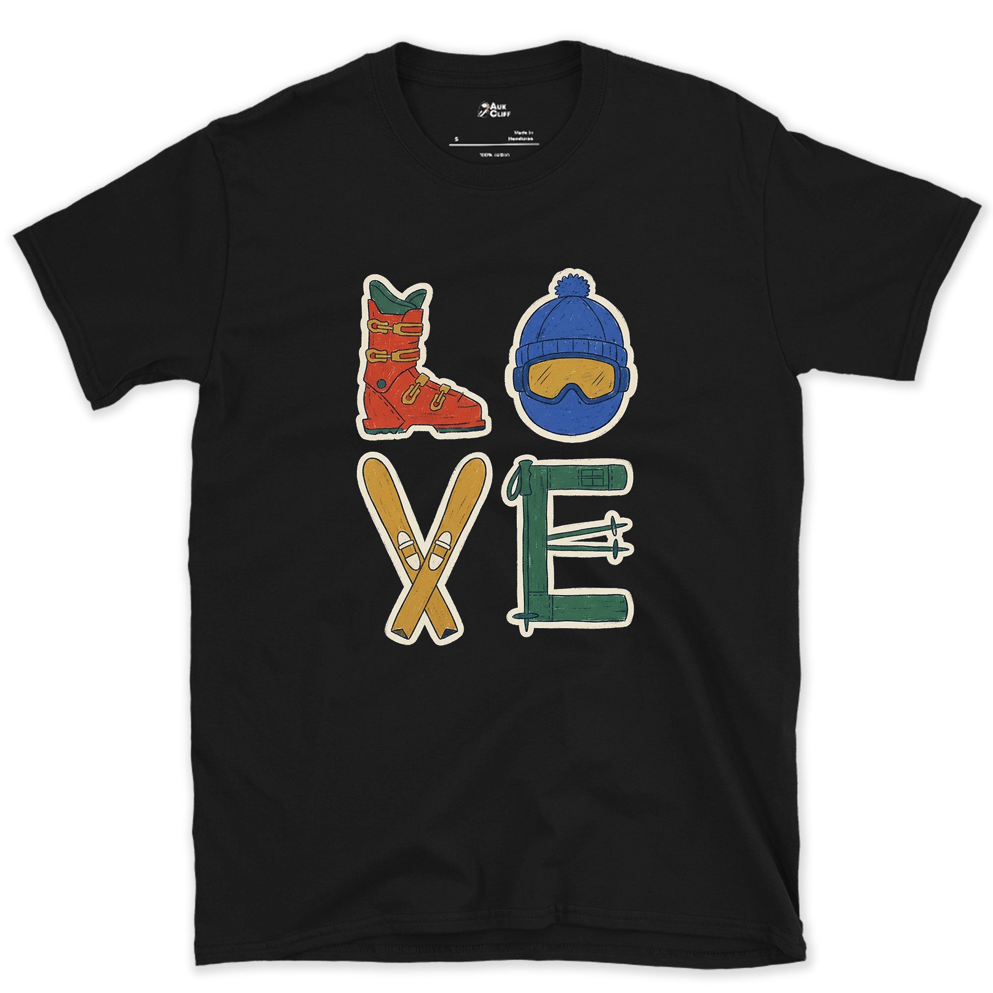 Love, Spelled From Boot, Goggles and Skis design on a Black Gildan Softstyle t-shirt