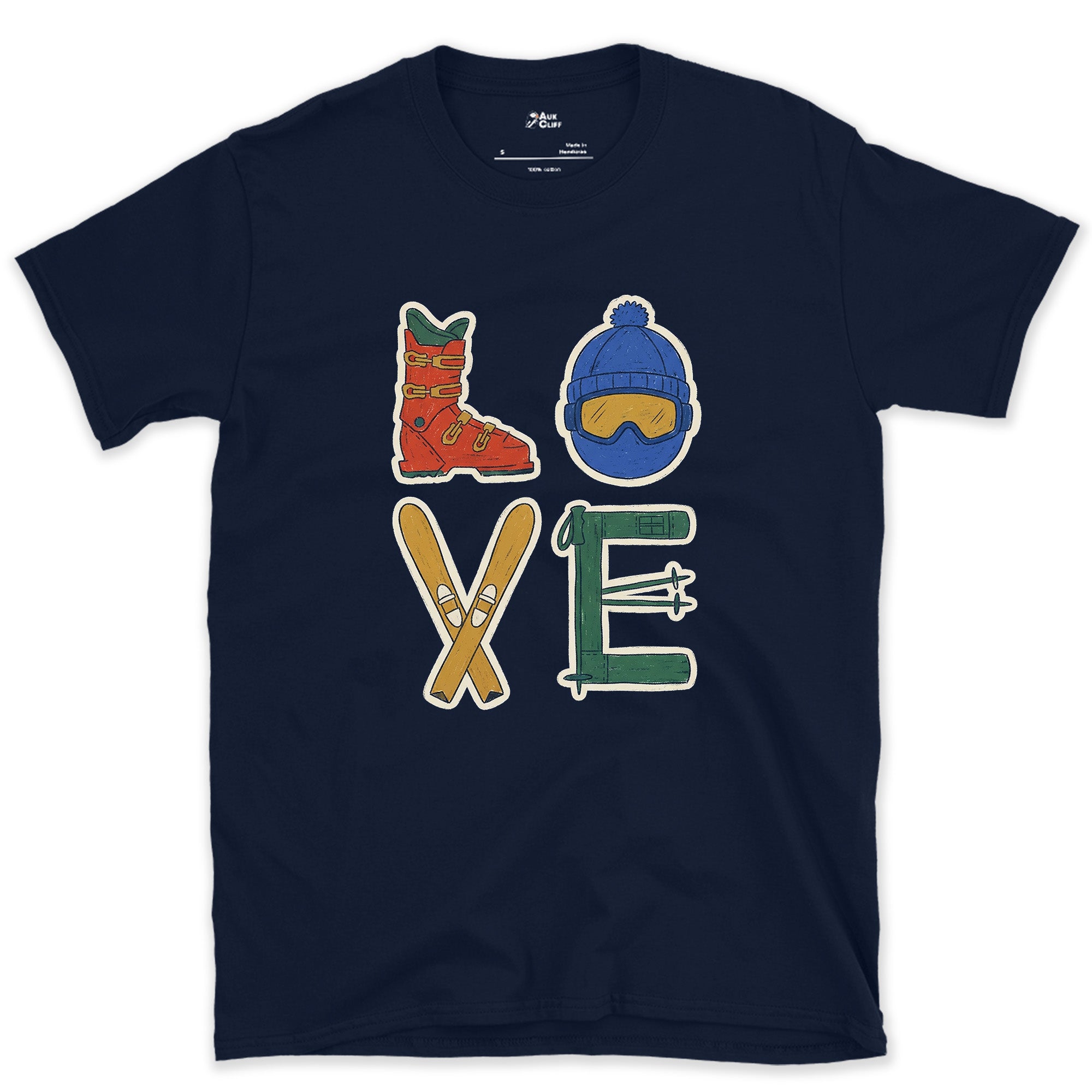 Love, Spelled From Boot, Goggles and Skis design on a Navy Gildan Softstyle t-shirt