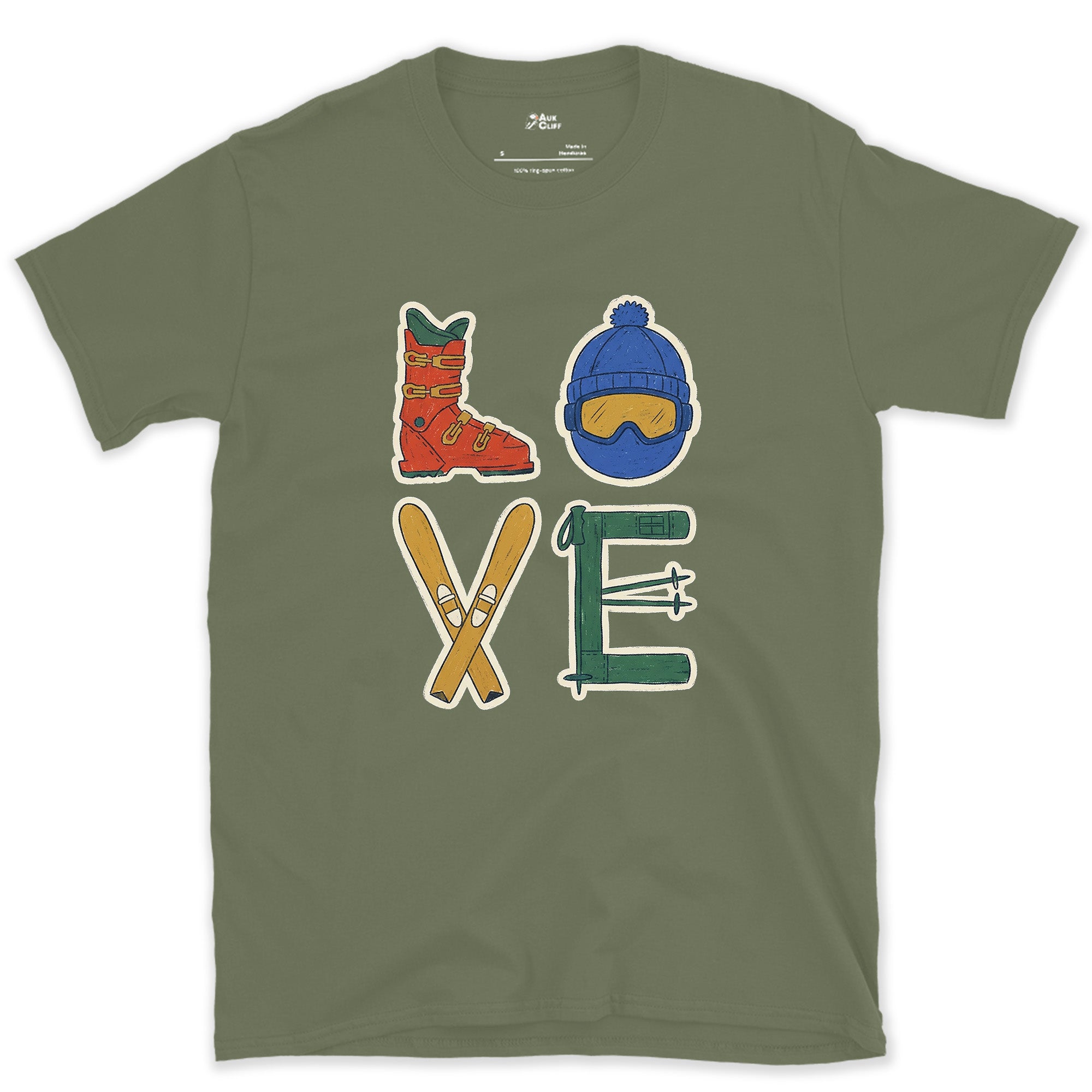 Love, Spelled From Boot, Goggles and Skis design on a Military Green Gildan Softstyle t-shirt