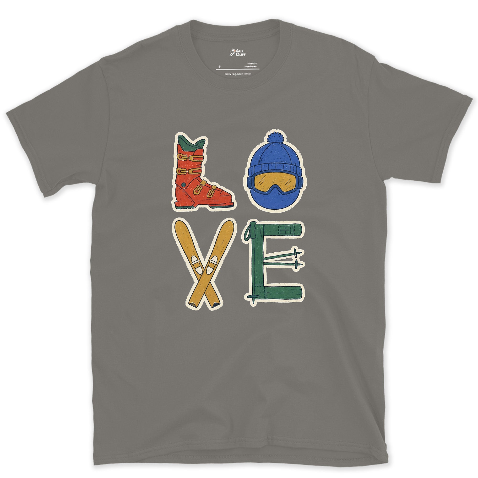 Love, Spelled From Boot, Goggles and Skis design on a Charcoal Gildan Softstyle t-shirt