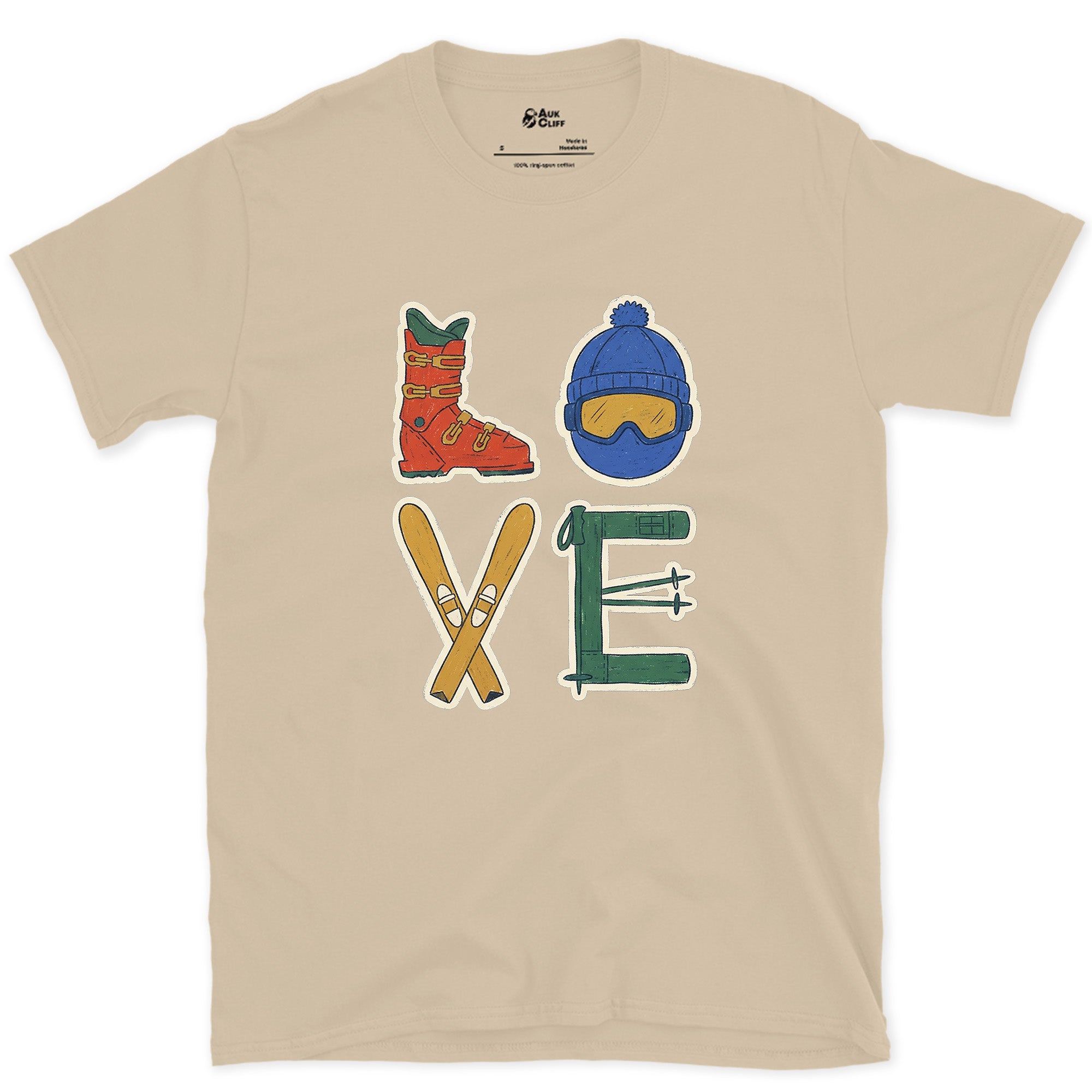 Love, Spelled From Boot, Goggles and Skis design on a Sand Gildan Softstyle t-shirt
