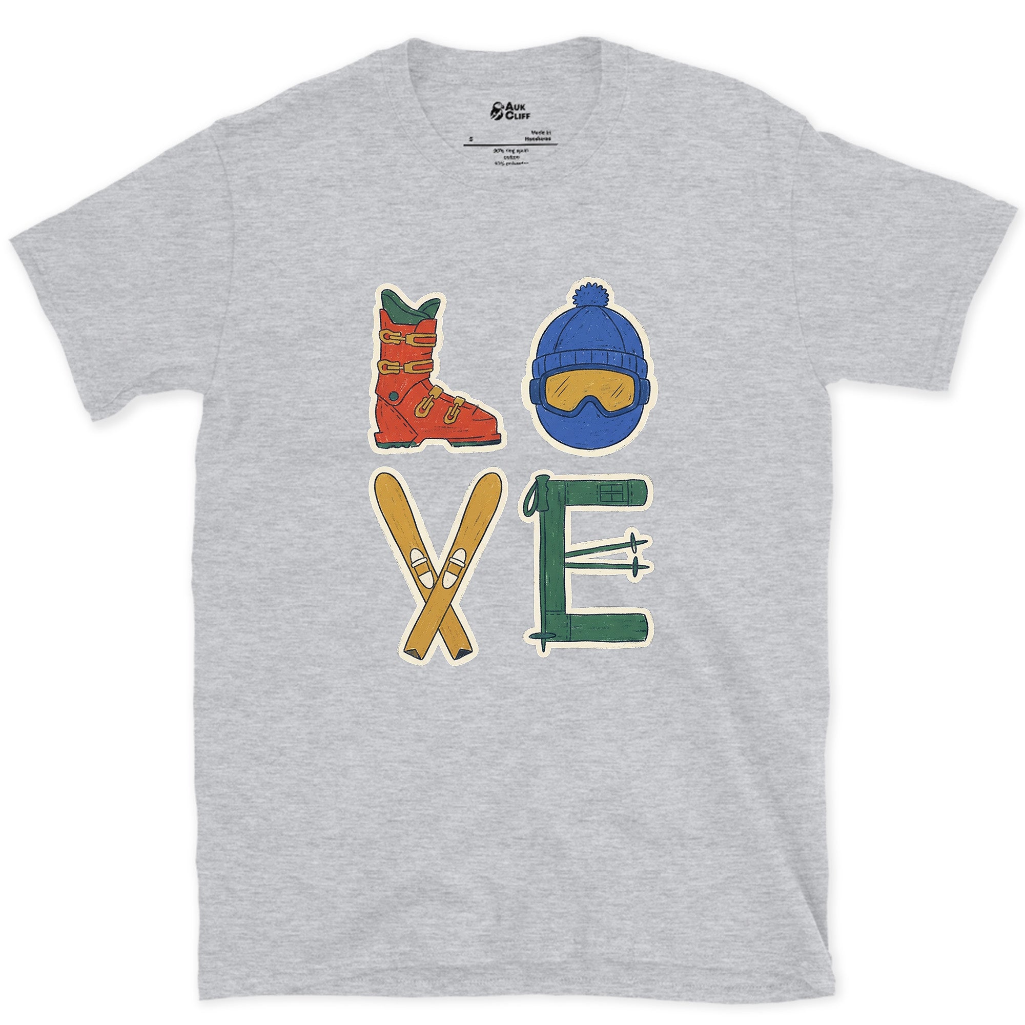 Love, Spelled From Boot, Goggles and Skis design on a Sport Grey Gildan Softstyle t-shirt