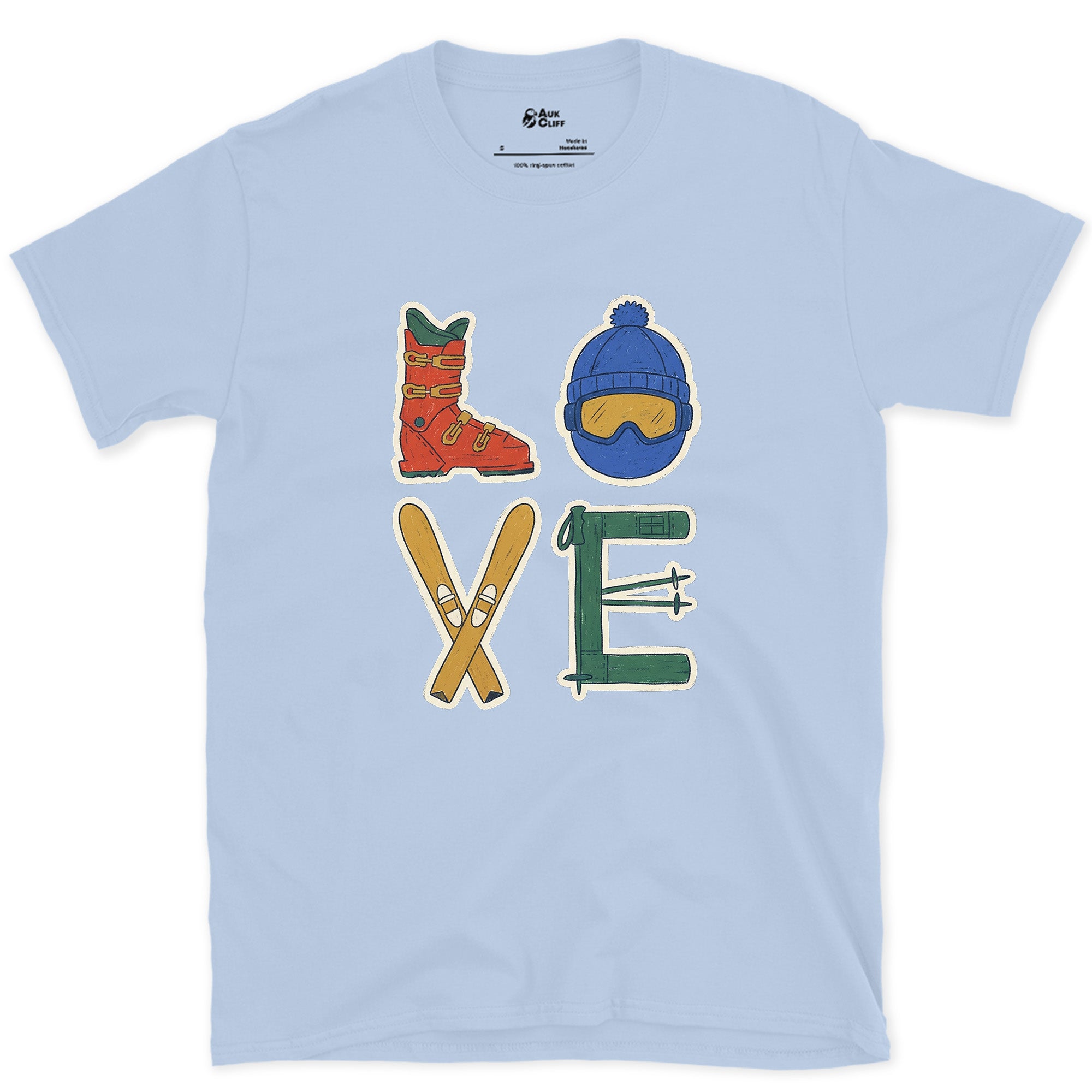 Love, Spelled From Boot, Goggles and Skis design on a Light Blue Gildan Softstyle t-shirt