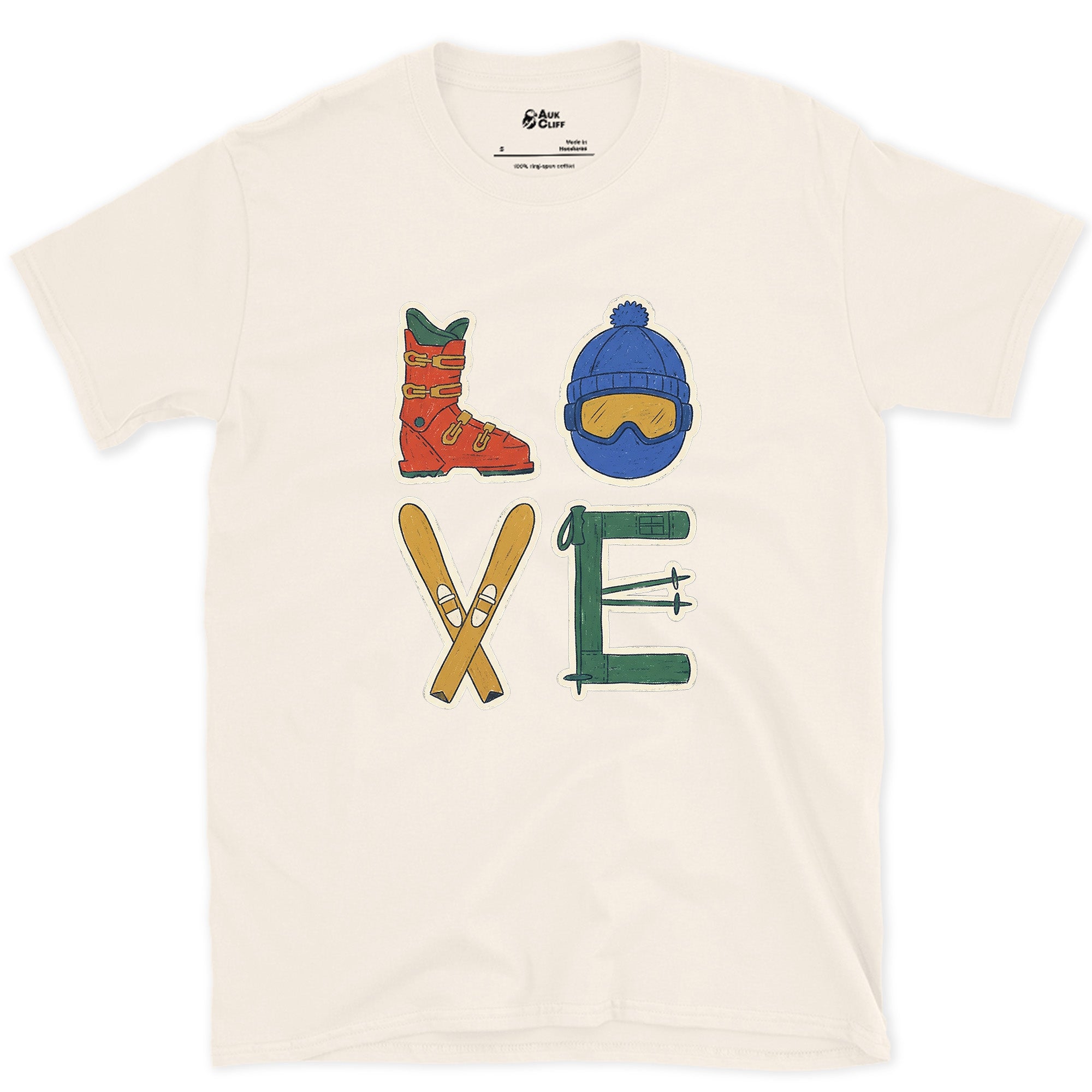 Love, Spelled From Boot, Goggles and Skis design on a Natural Gildan Softstyle t-shirt