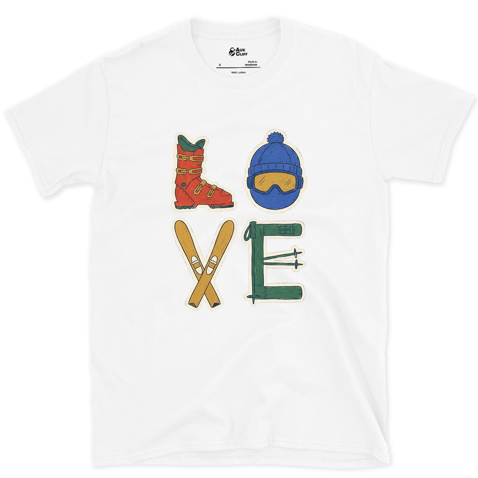 Love, Spelled From Boot, Goggles and Skis design on a White Gildan Softstyle t-shirt