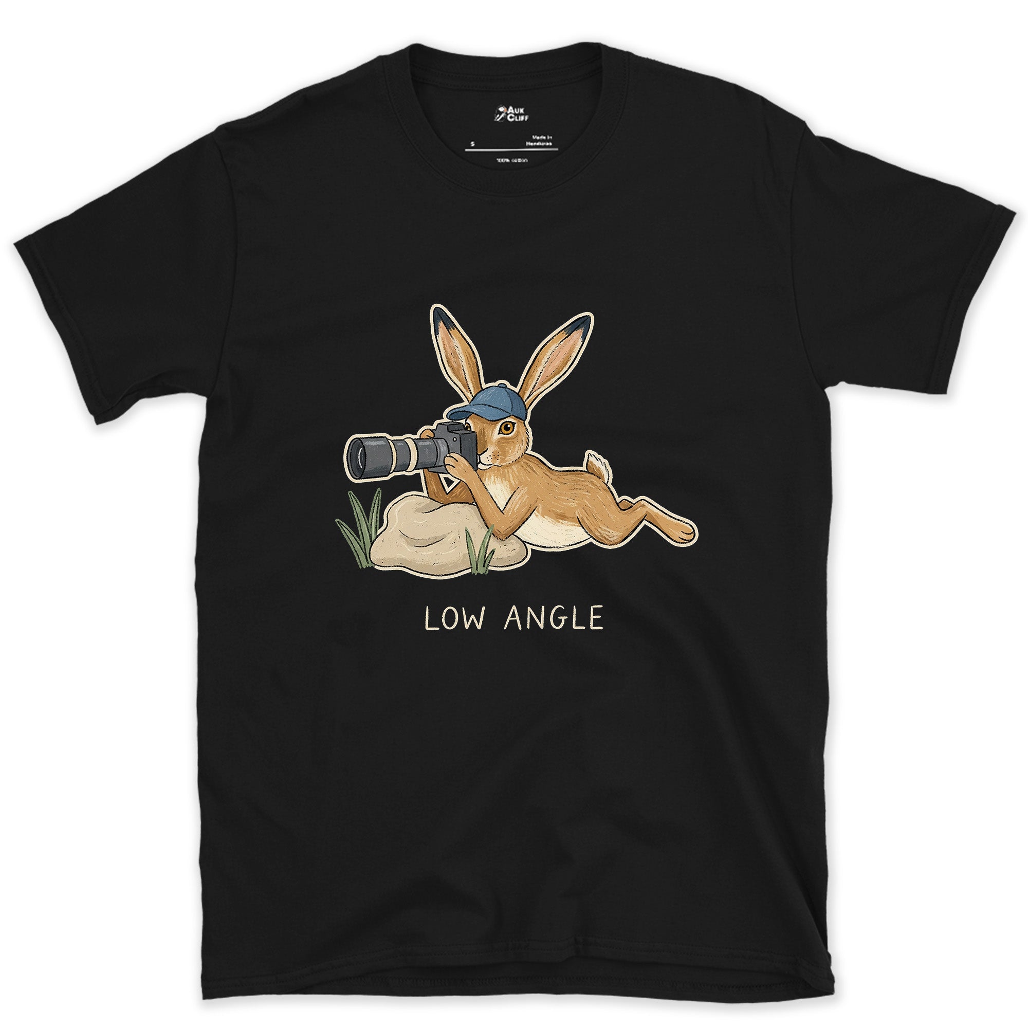 Already the Hare Photographer's View, Low Angle design on a Black Gildan Softstyle t-shirt