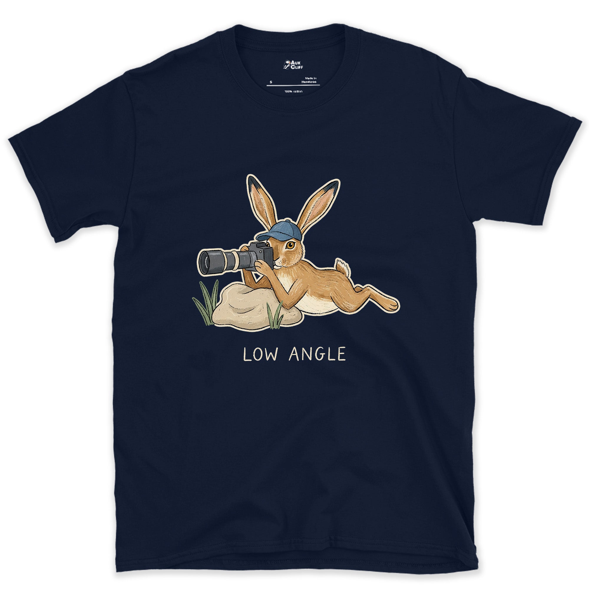 Already the Hare Photographer's View, Low Angle design on a Navy Gildan Softstyle t-shirt