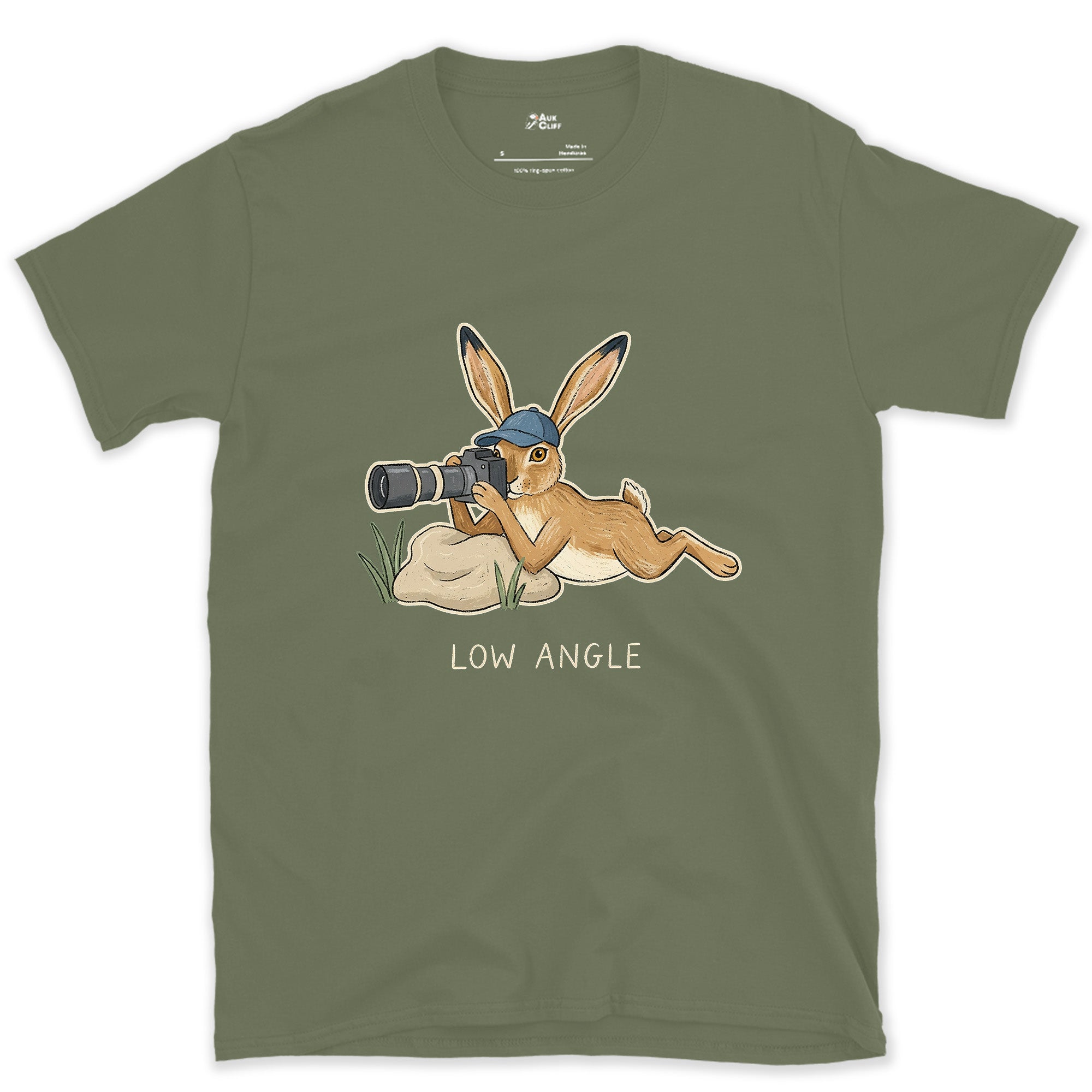 Already the Hare Photographer's View, Low Angle design on a Military Green Gildan Softstyle t-shirt