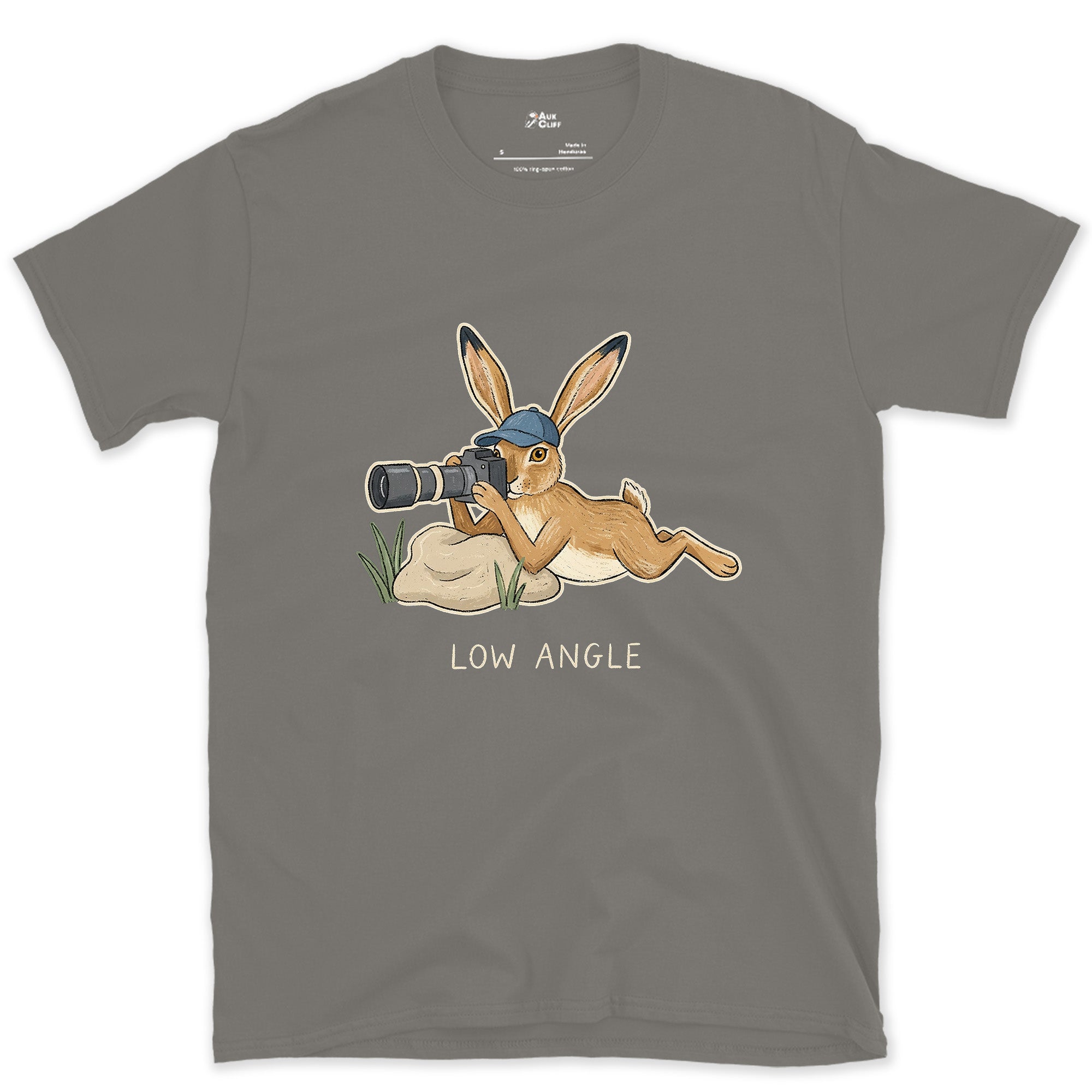 Already the Hare Photographer's View, Low Angle design on a Charcoal Gildan Softstyle t-shirt