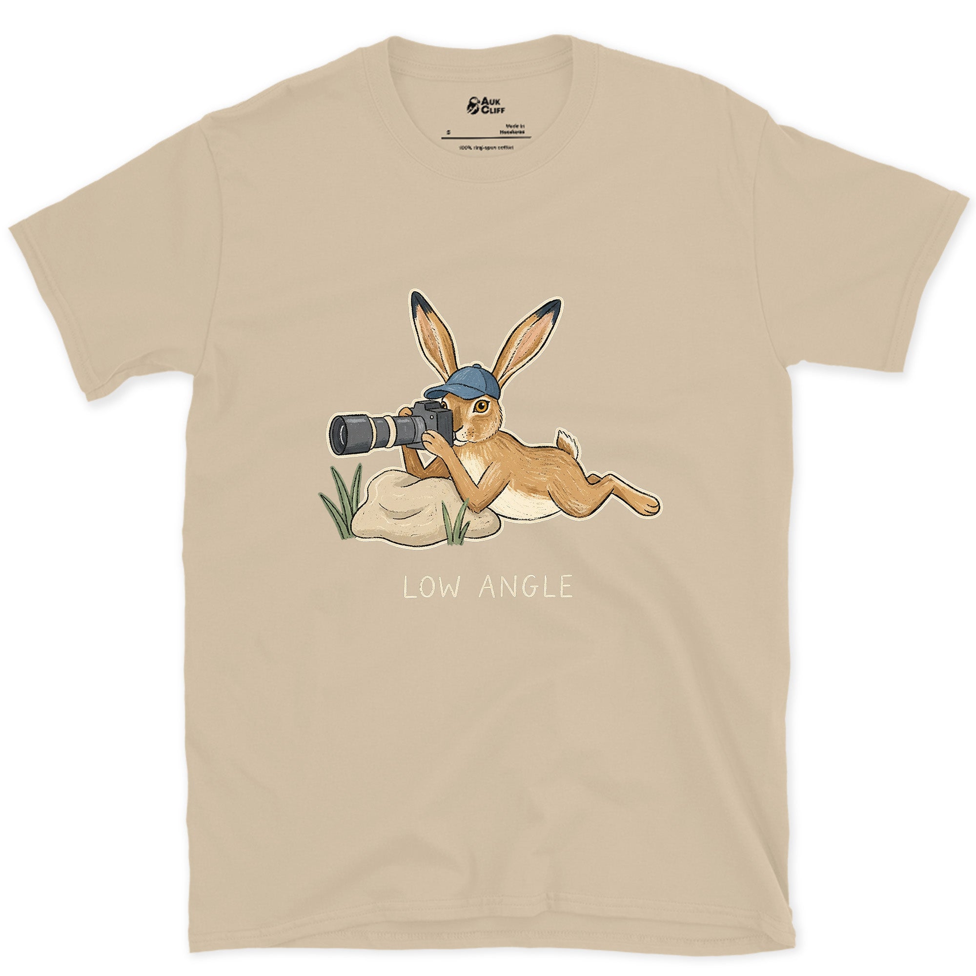 Already the Hare Photographer's View, Low Angle design on a Sand Gildan Softstyle t-shirt