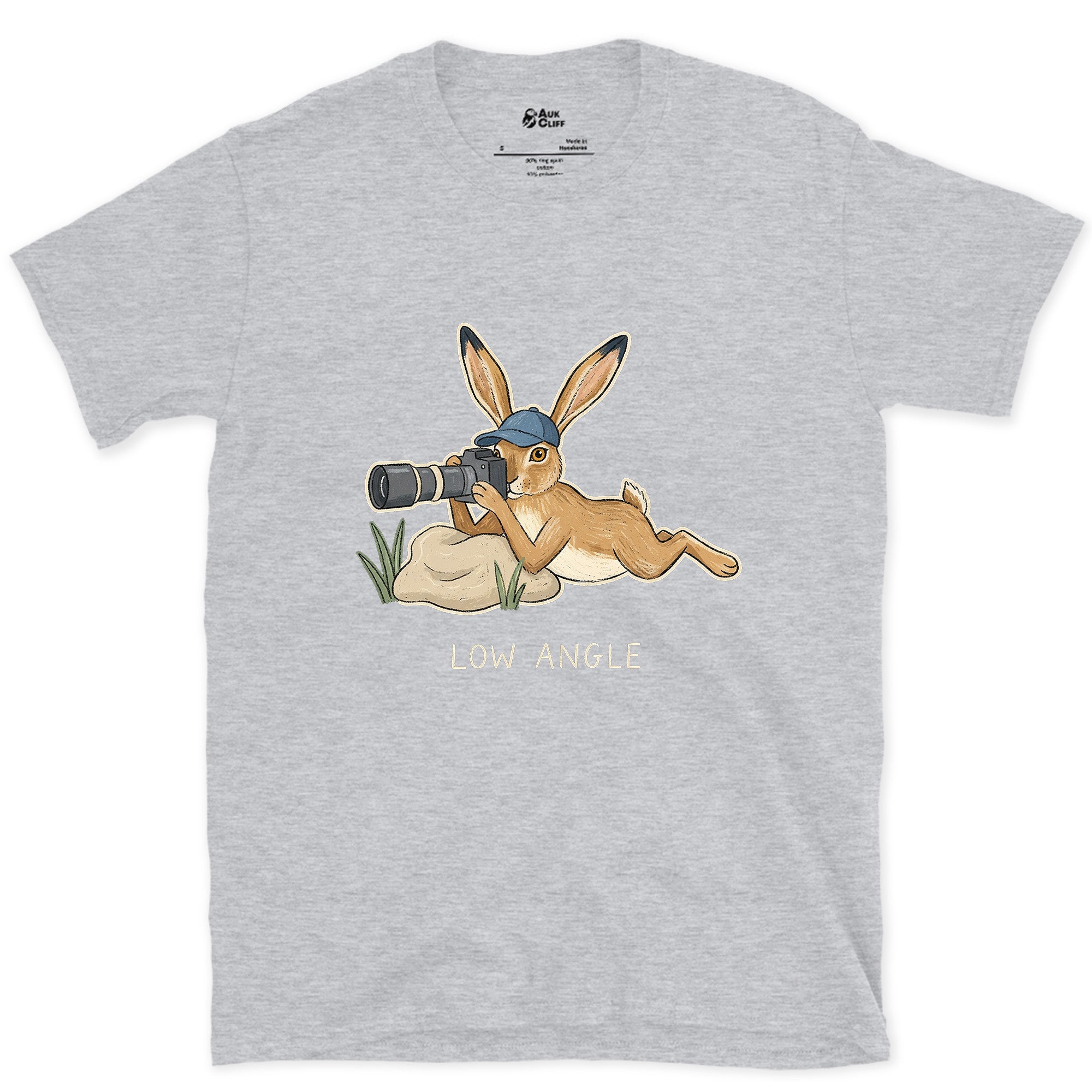 Already the Hare Photographer's View, Low Angle design on a Sport Grey Gildan Softstyle t-shirt