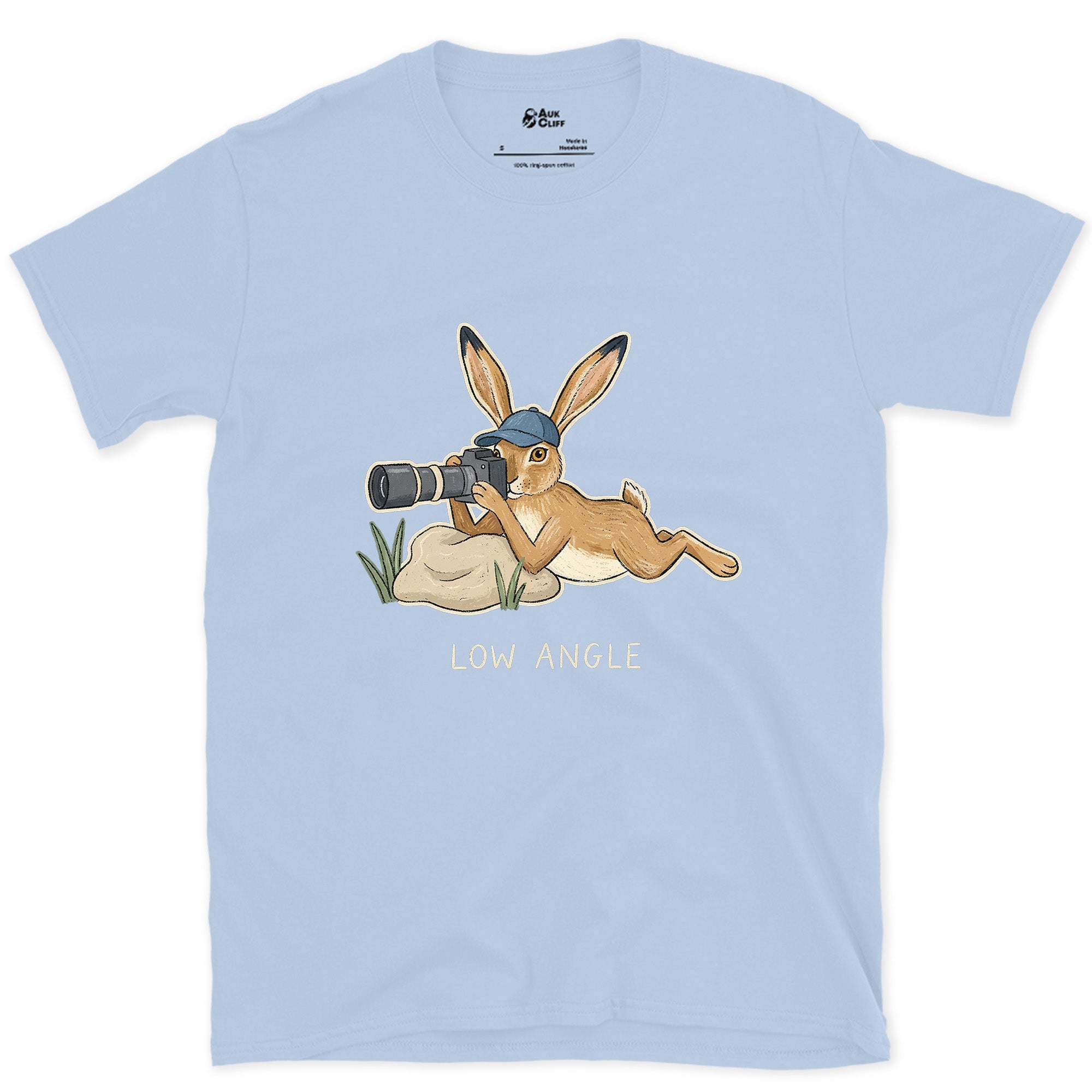 Already the Hare Photographer's View, Low Angle design on a Light Blue Gildan Softstyle t-shirt