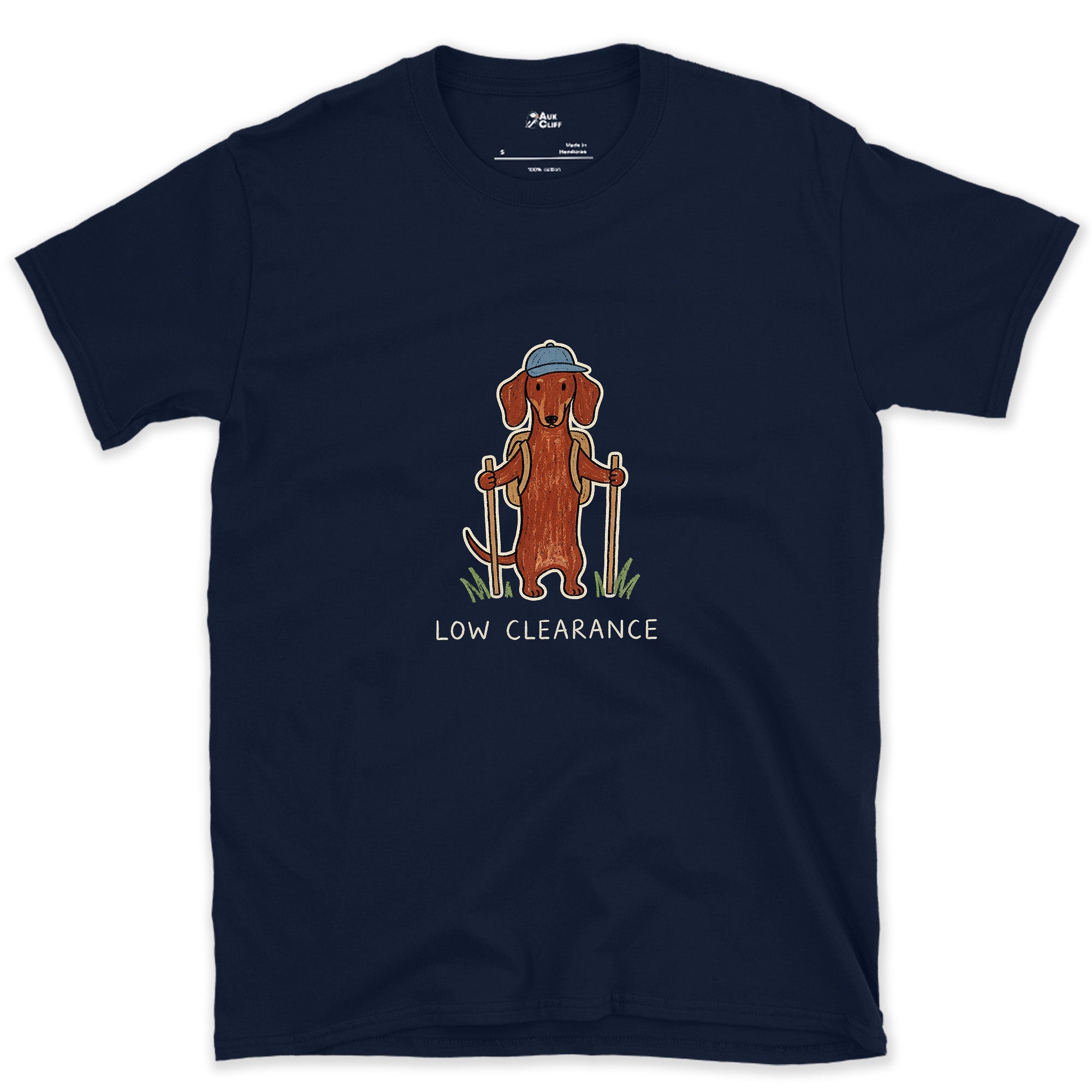 Low Clearance, Trail Dachshund design on a Navy Gildan Softstyle t-shirt