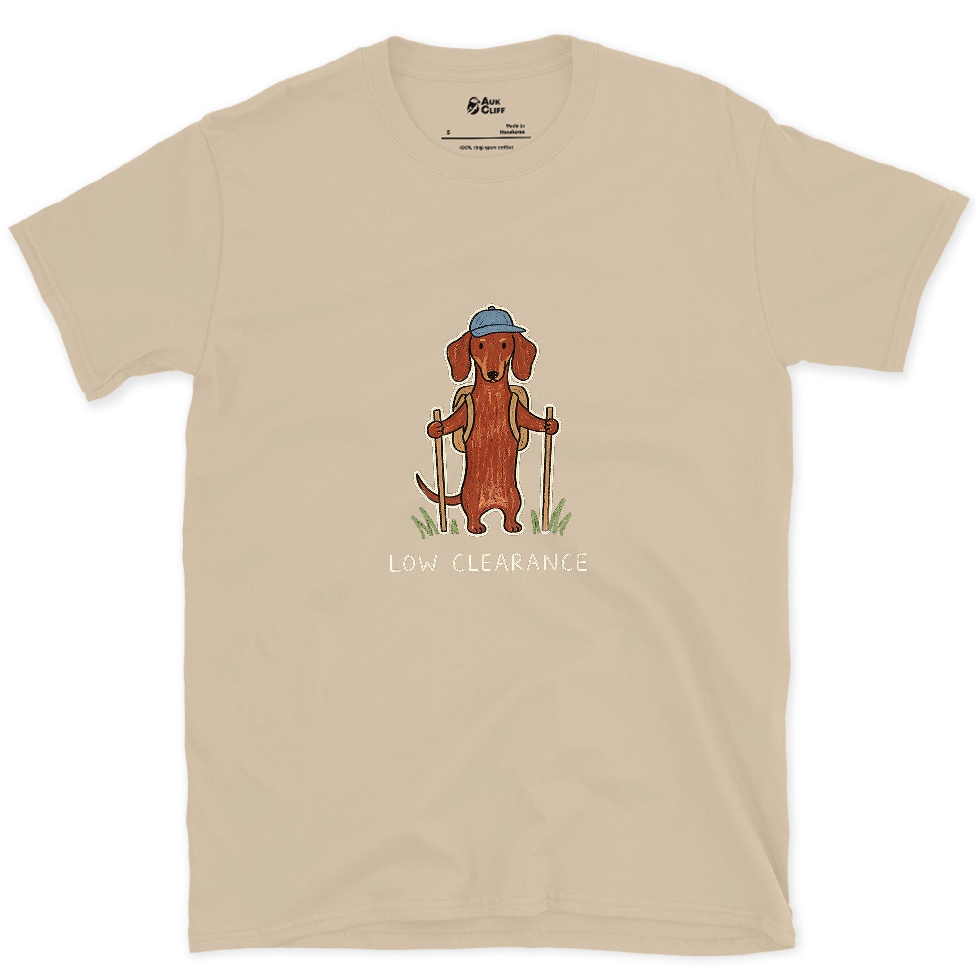 Low Clearance, Trail Dachshund design on a Sand Gildan Softstyle t-shirt