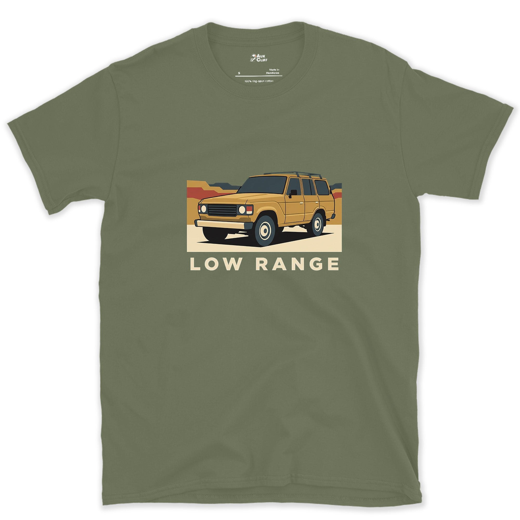 Low Range, Rear View and Nothing Else design on a Military Green Gildan Softstyle t-shirt