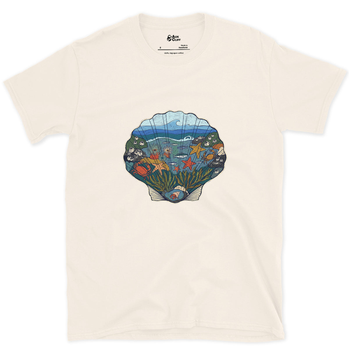 Low Tide in a Scallop Shell design on a Natural Gildan Softstyle t-shirt