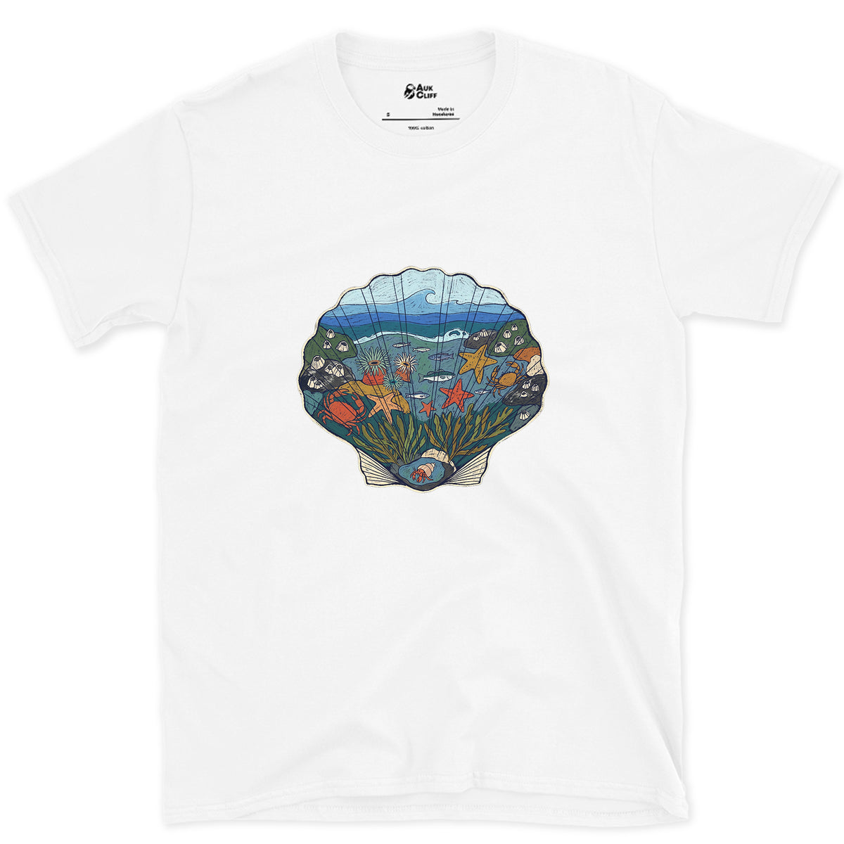 Low Tide in a Scallop Shell design on a White Gildan Softstyle t-shirt