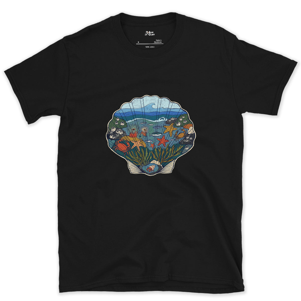 Low Tide in a Scallop Shell design on a Black Gildan Softstyle t-shirt