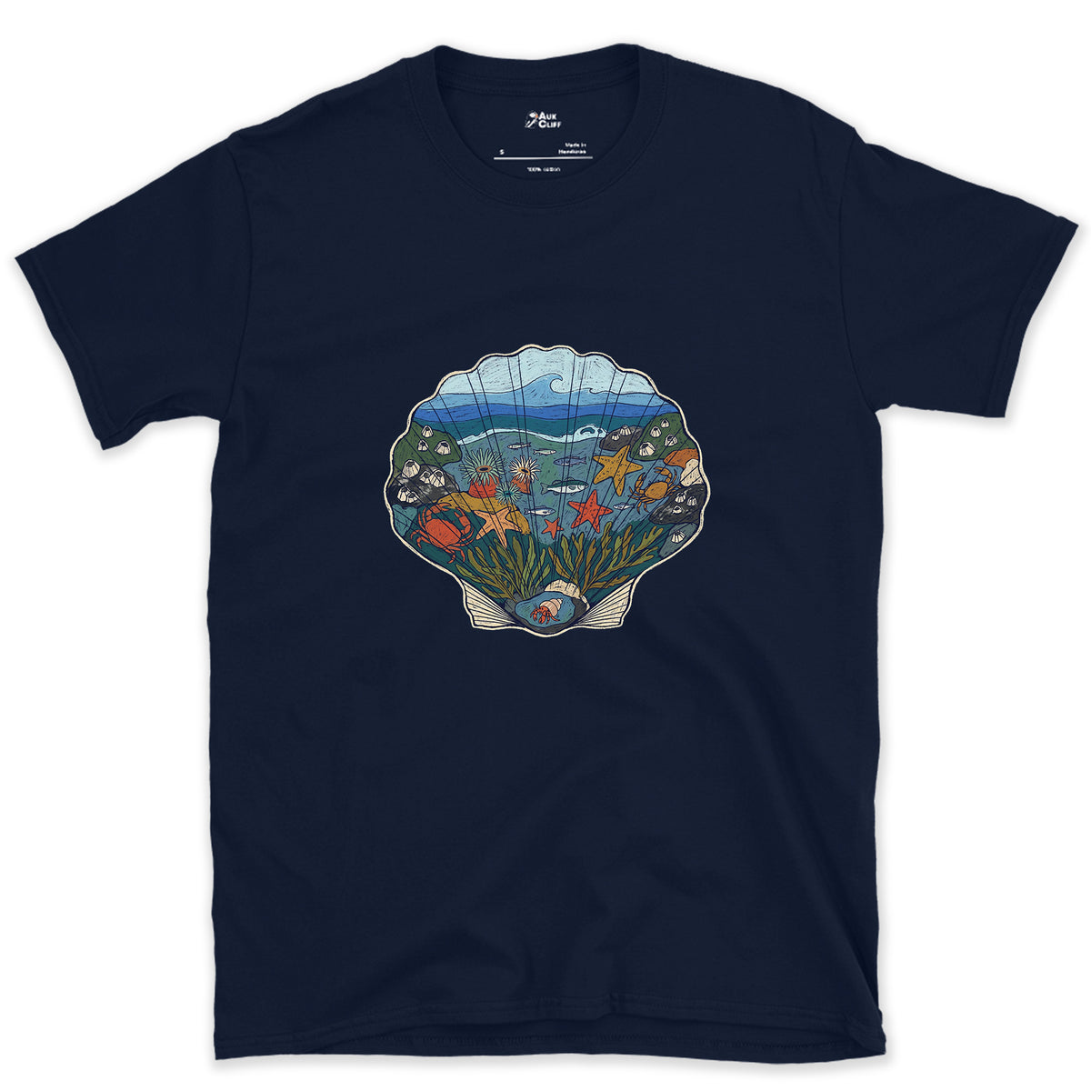 Low Tide in a Scallop Shell design on a Navy Gildan Softstyle t-shirt