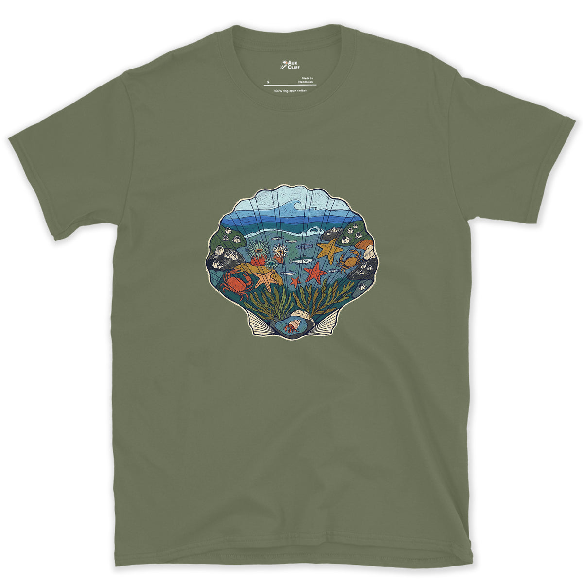 Low Tide in a Scallop Shell design on a Military Green Gildan Softstyle t-shirt