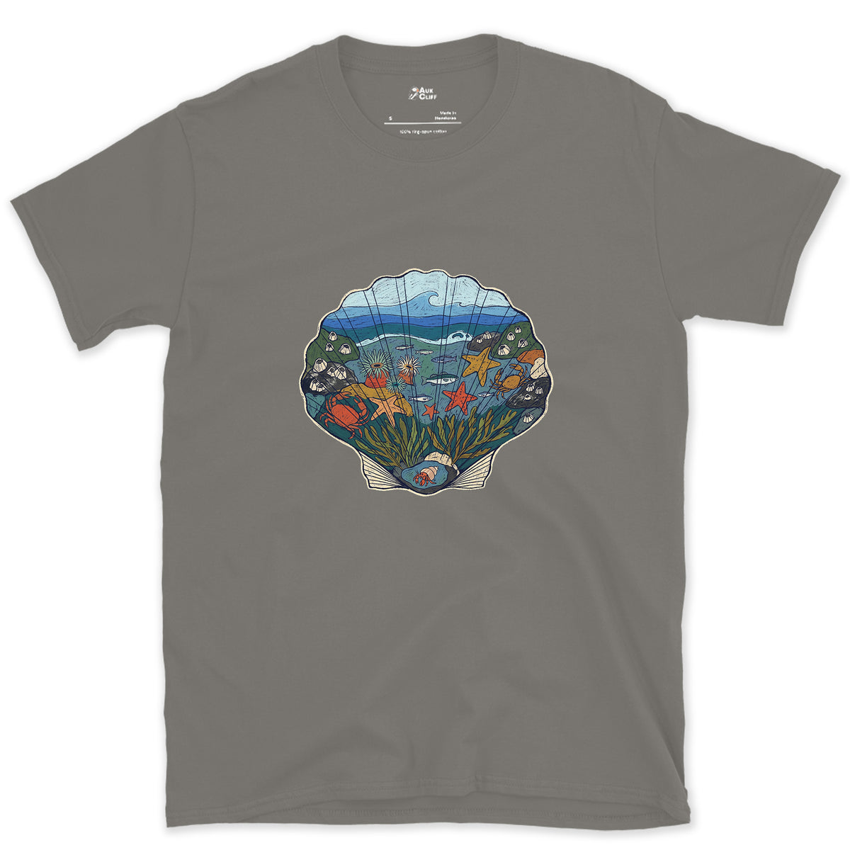 Low Tide in a Scallop Shell design on a Charcoal Gildan Softstyle t-shirt