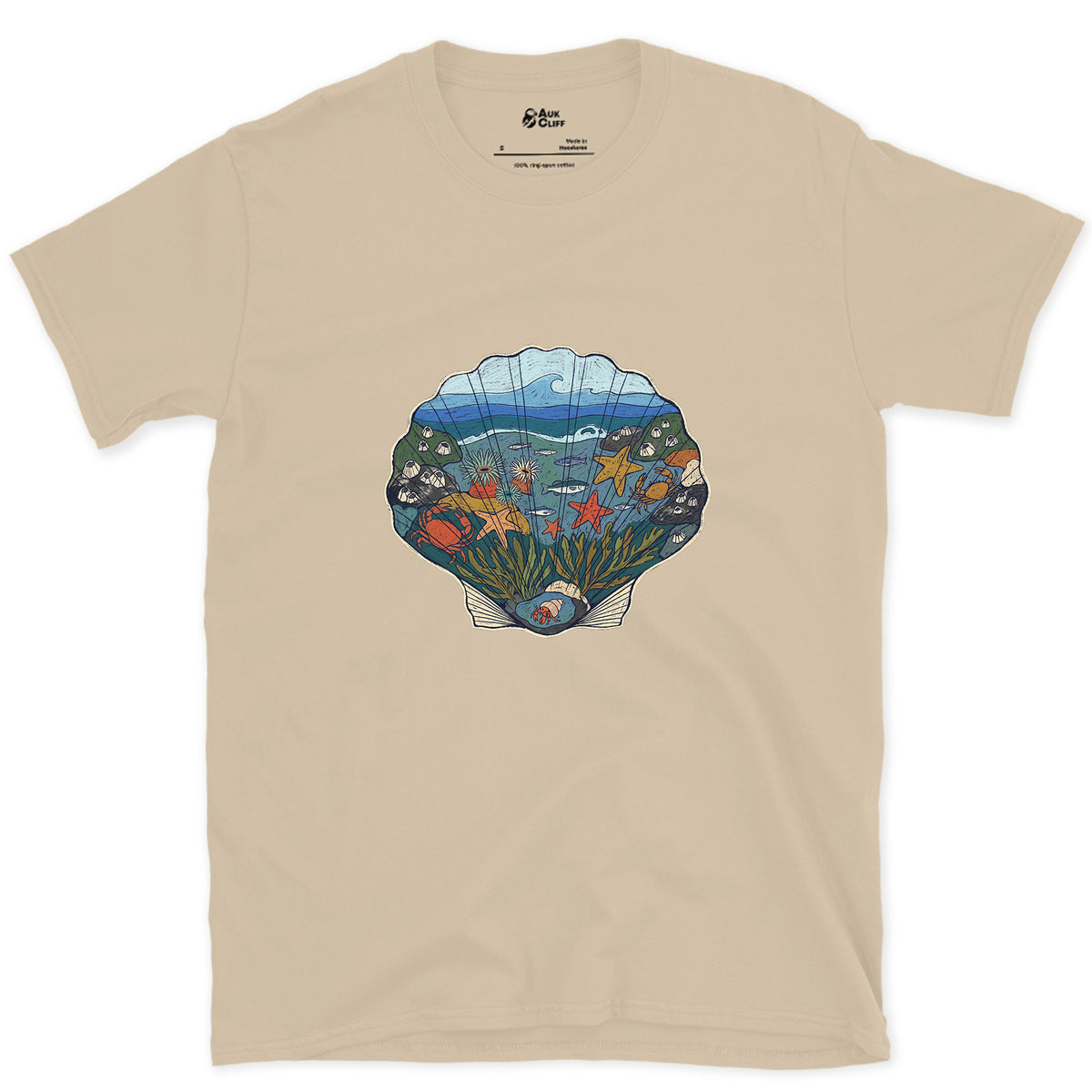 Low Tide in a Scallop Shell design on a Sand Gildan Softstyle t-shirt