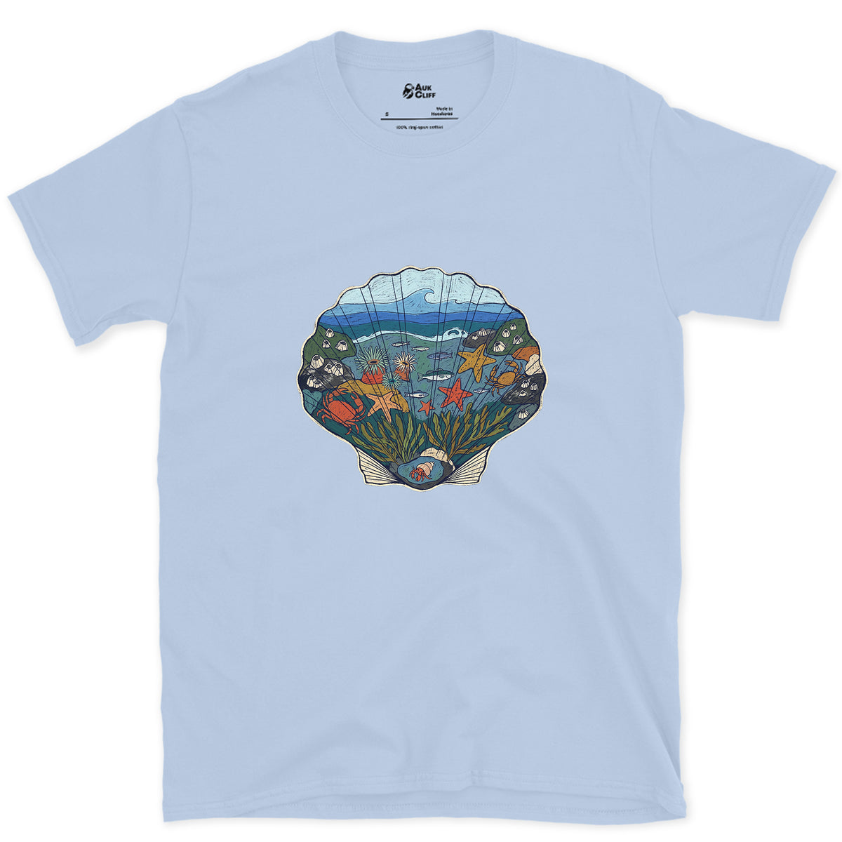 Low Tide in a Scallop Shell design on a Light Blue Gildan Softstyle t-shirt