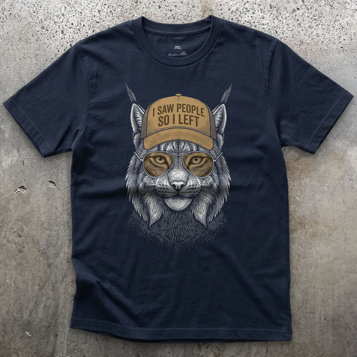 I Saw People So I Left, Lynx on the Trail design on a Navy Gildan Softstyle t-shirt