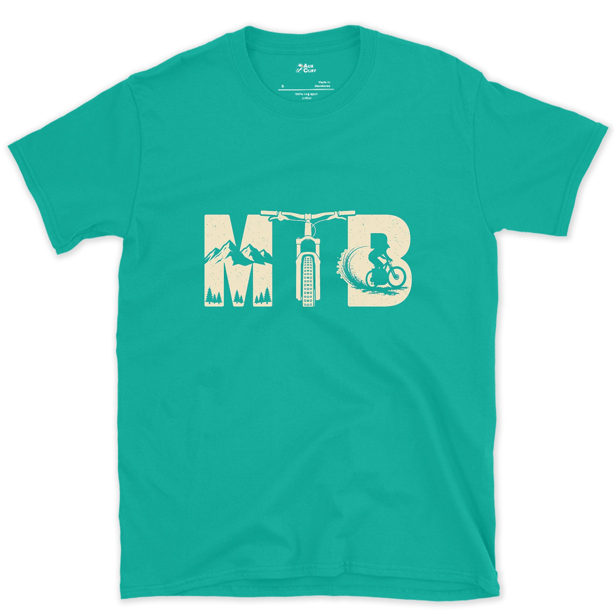 Each Letter Filled With Its Own Slice of Trail design on a Jade Dome Gildan Softstyle t-shirt