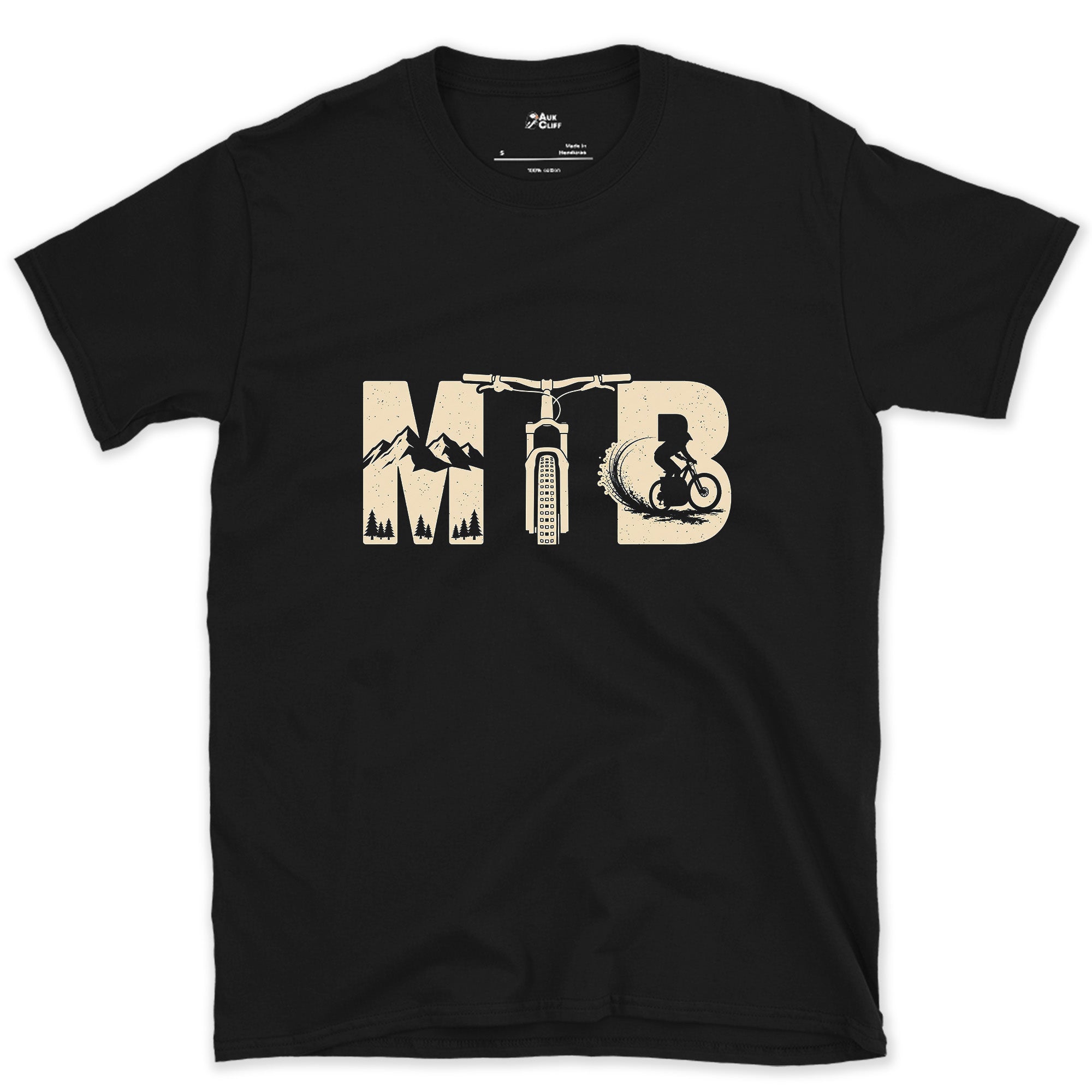 Each Letter Filled With Its Own Slice of Trail design on a Black Gildan Softstyle t-shirt