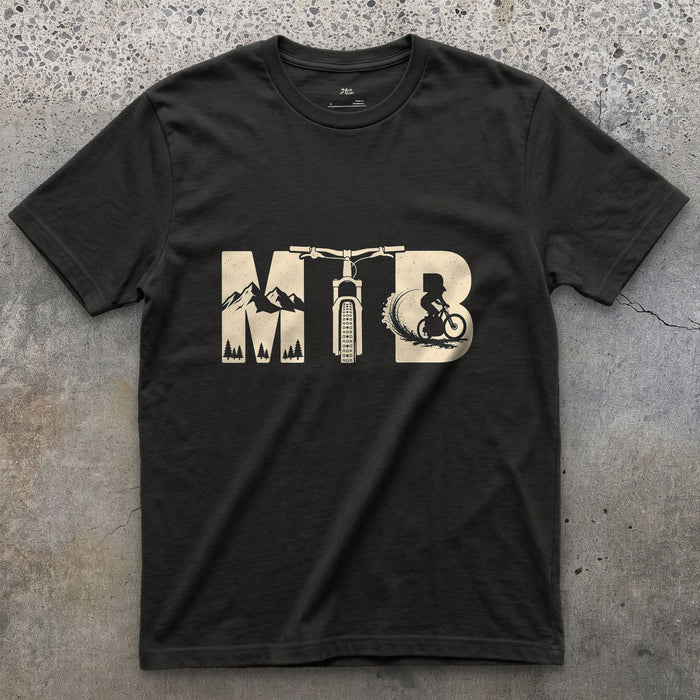 Each Letter Filled With Its Own Slice of Trail design on a Black Gildan Softstyle t-shirt