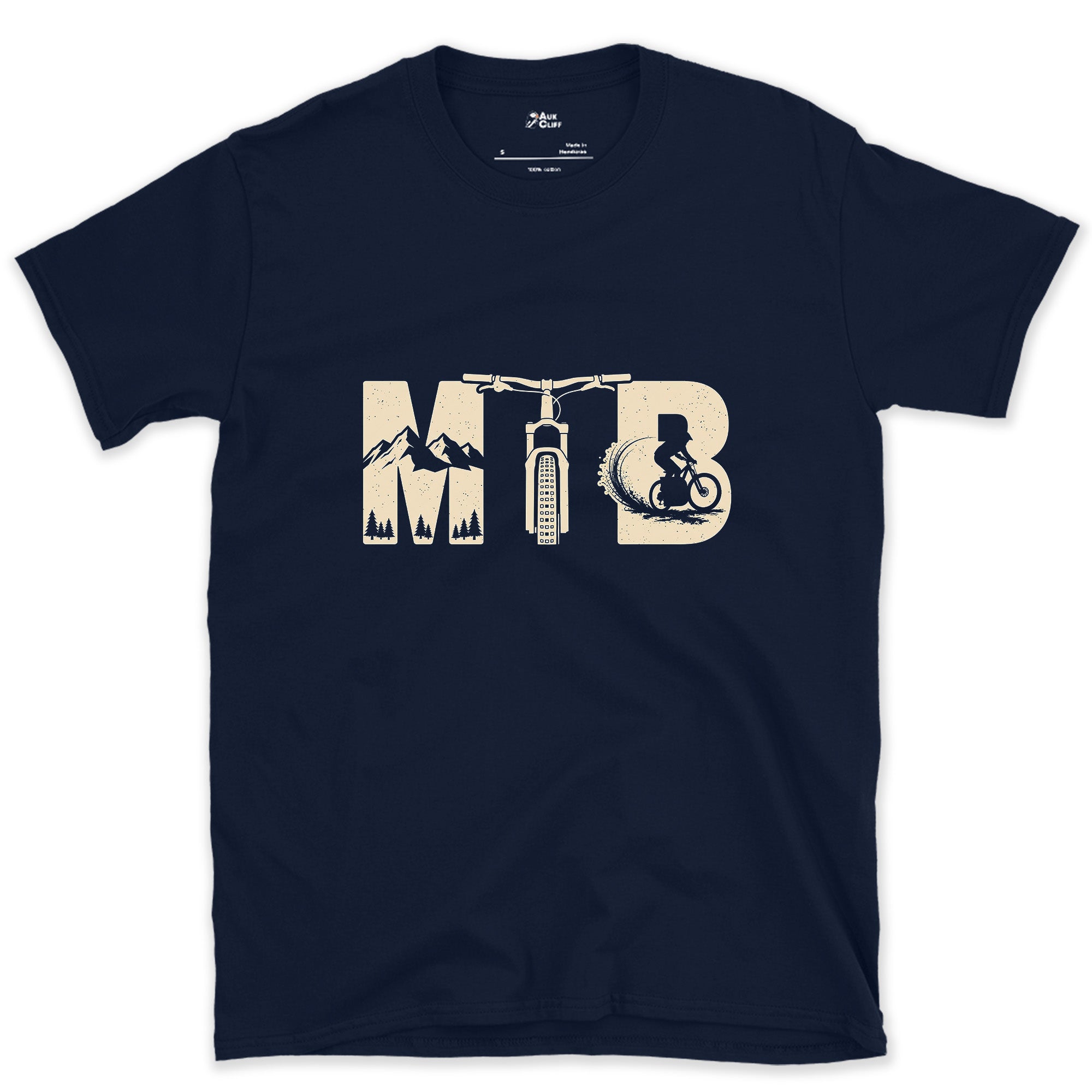 Each Letter Filled With Its Own Slice of Trail design on a Navy Gildan Softstyle t-shirt