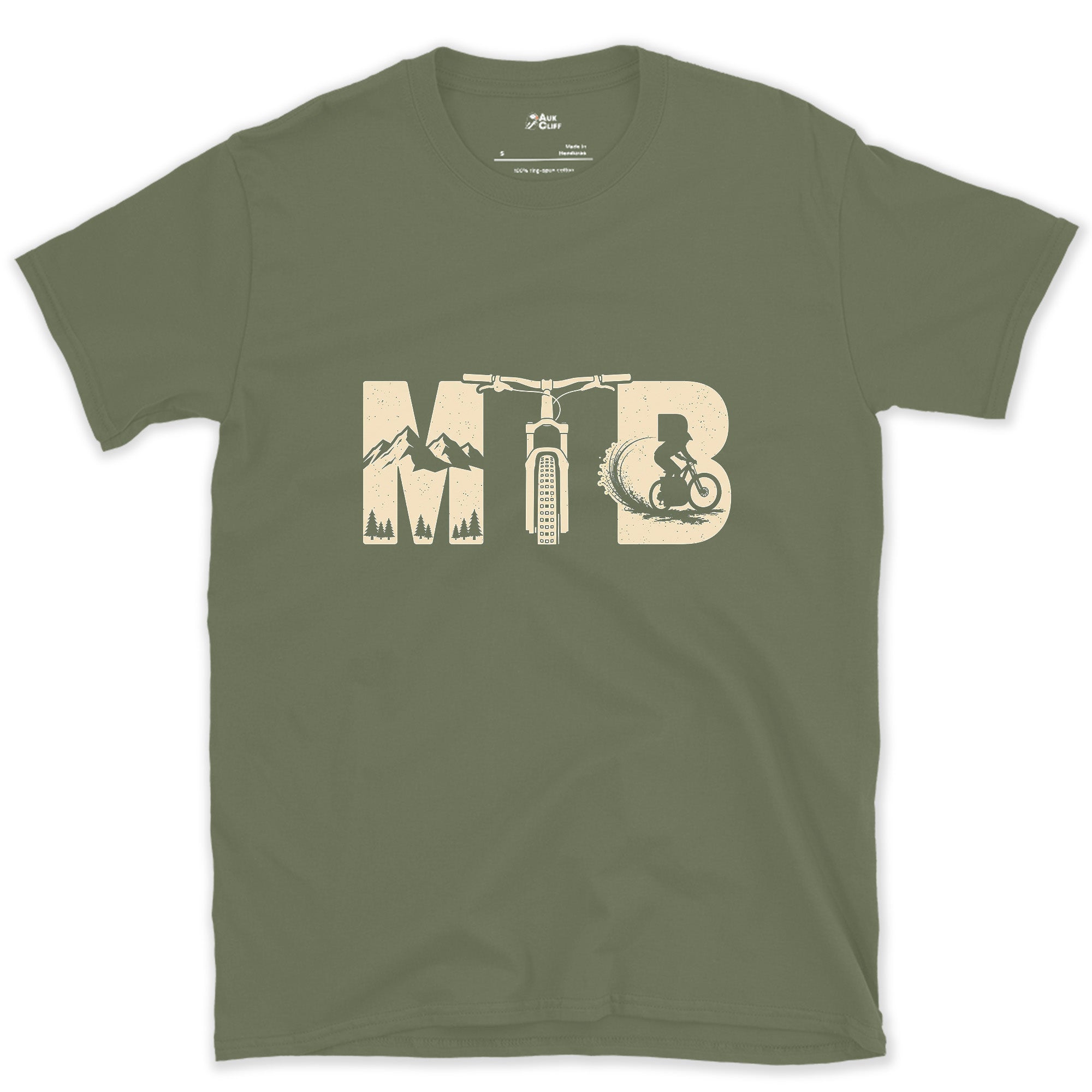Each Letter Filled With Its Own Slice of Trail design on a Military Green Gildan Softstyle t-shirt
